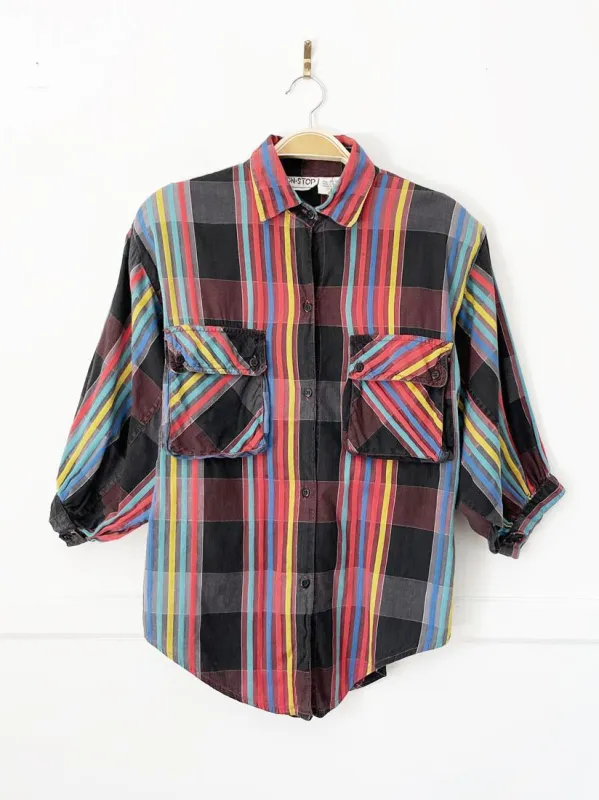 vintage 90s non-stop plaid balloon short sleeve full button shirt  | made in india made by Good Market Thrift Store