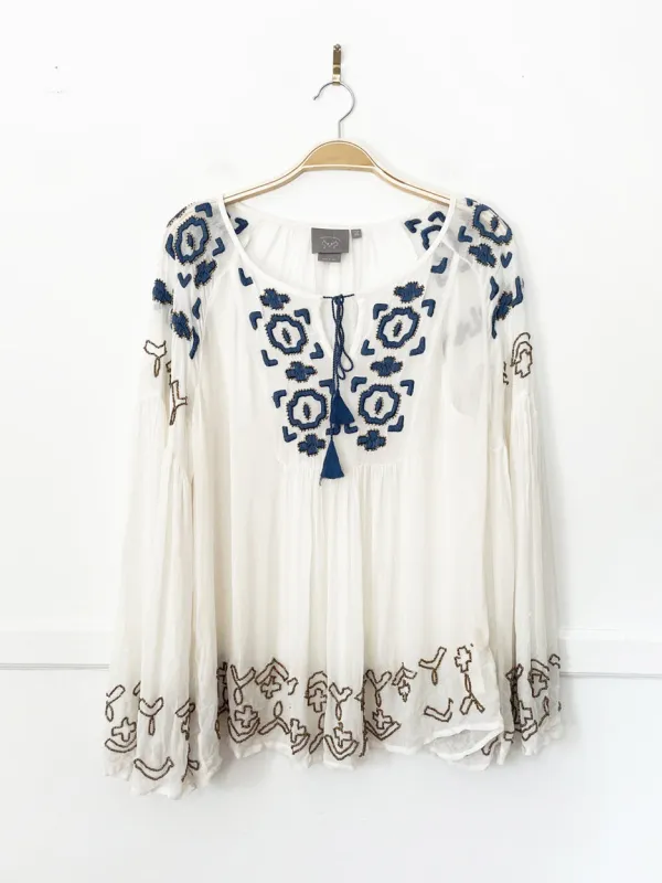 vanessa virginia diem beaded boho sheer flowy peasant top | made in india | anthropologie made by Good Market Thrift Store