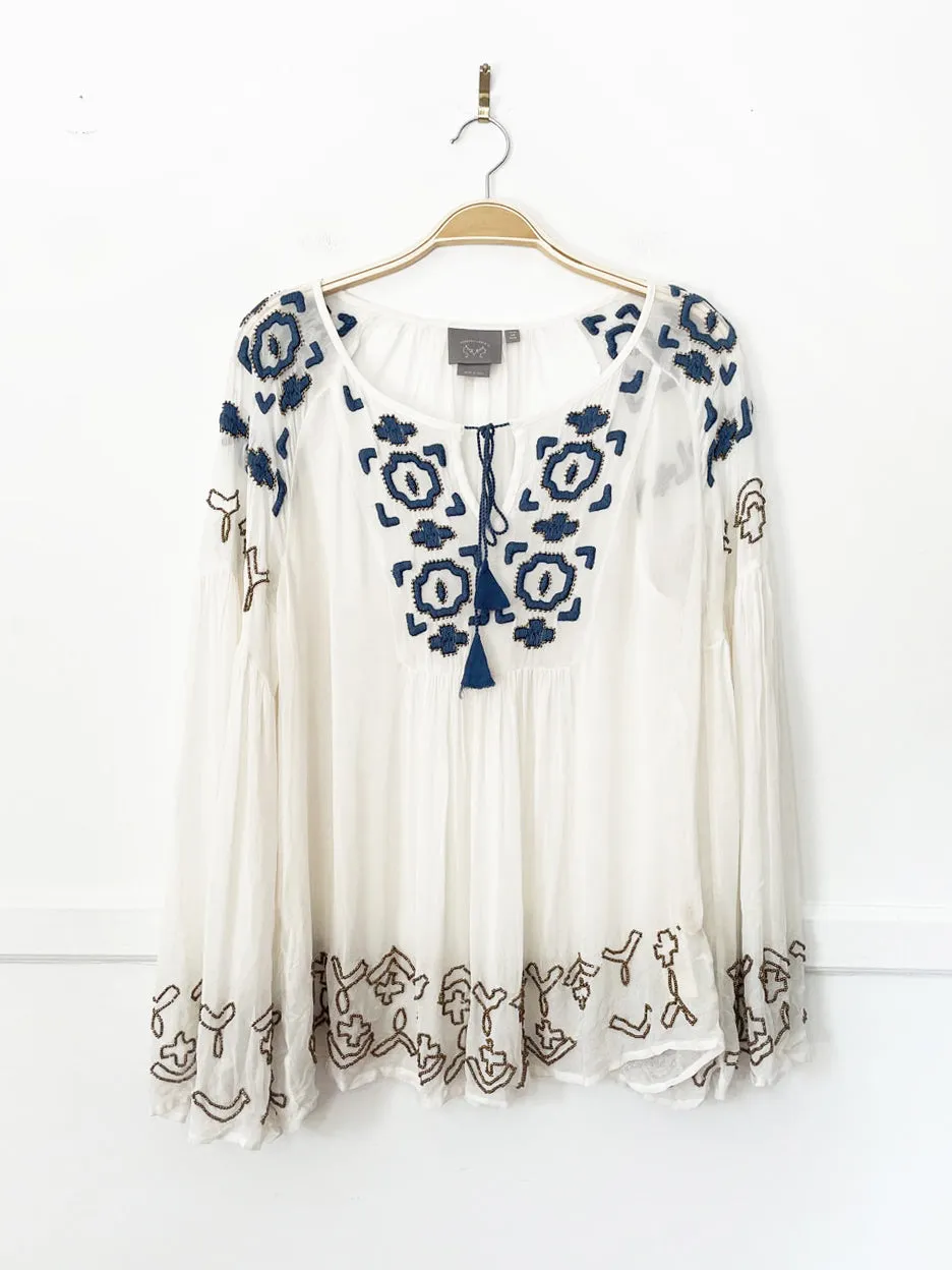 vanessa virginia diem beaded boho sheer flowy peasant top | made in india | anthropologie sold by Good Market Thrift Store