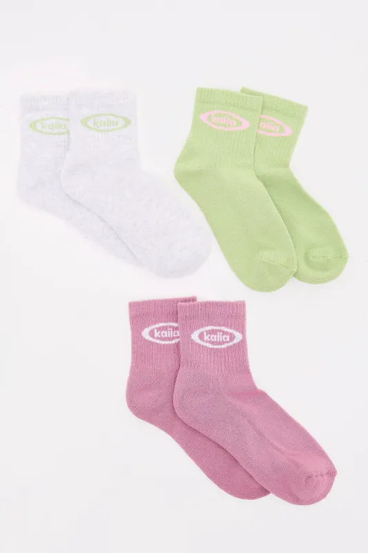 Pack of Three Kaiia Logo Socks Pistachio, Light Grey Marl & Pink Meringue made by Kaiia the label