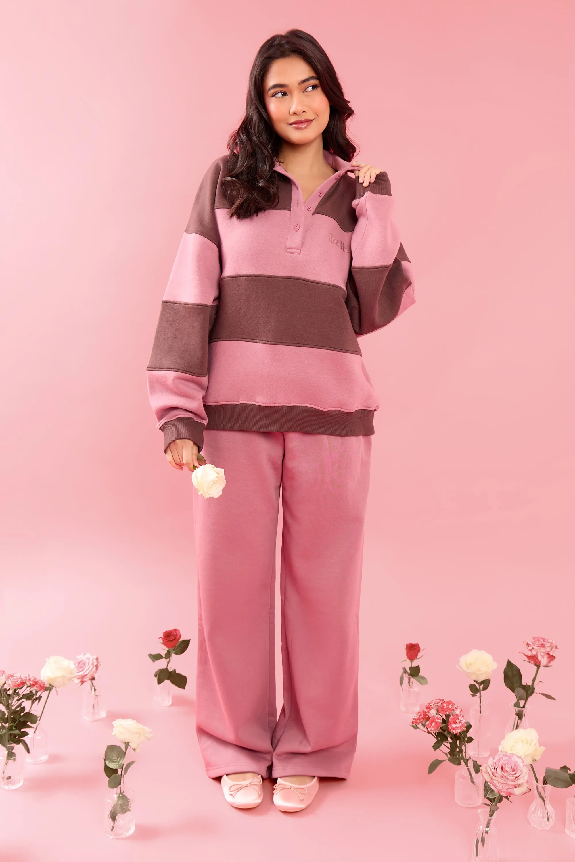 Kaiia Striped Oversized Rugby Sweatshirt Rose Latte & Cocoa Brown sold by Kaiia the label product image thumbnail 2