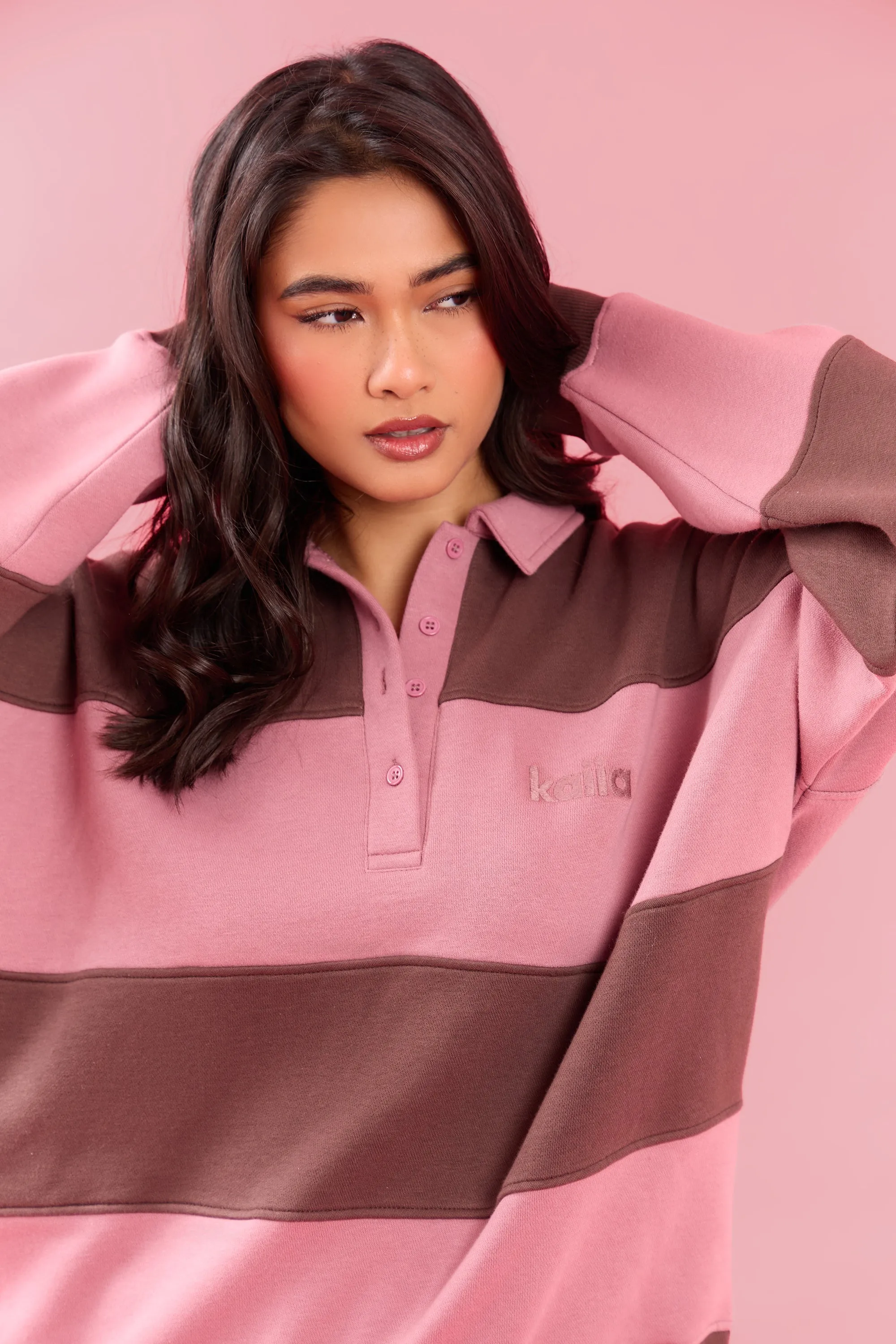 Kaiia Striped Oversized Rugby Sweatshirt Rose Latte & Cocoa Brown sold by Kaiia the label product image thumbnail 3
