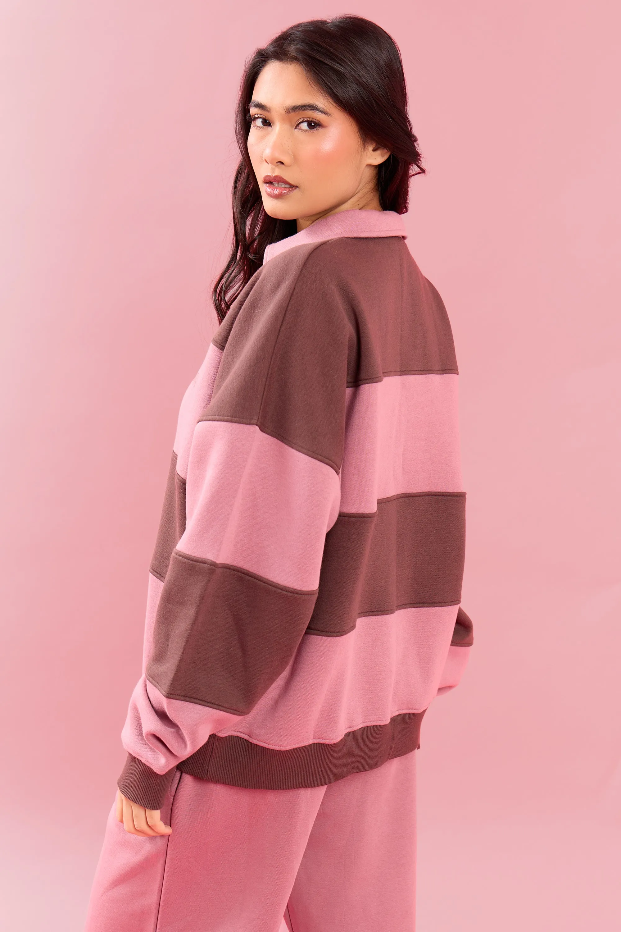 Kaiia Striped Oversized Rugby Sweatshirt Rose Latte & Cocoa Brown sold by Kaiia the label product image thumbnail 4