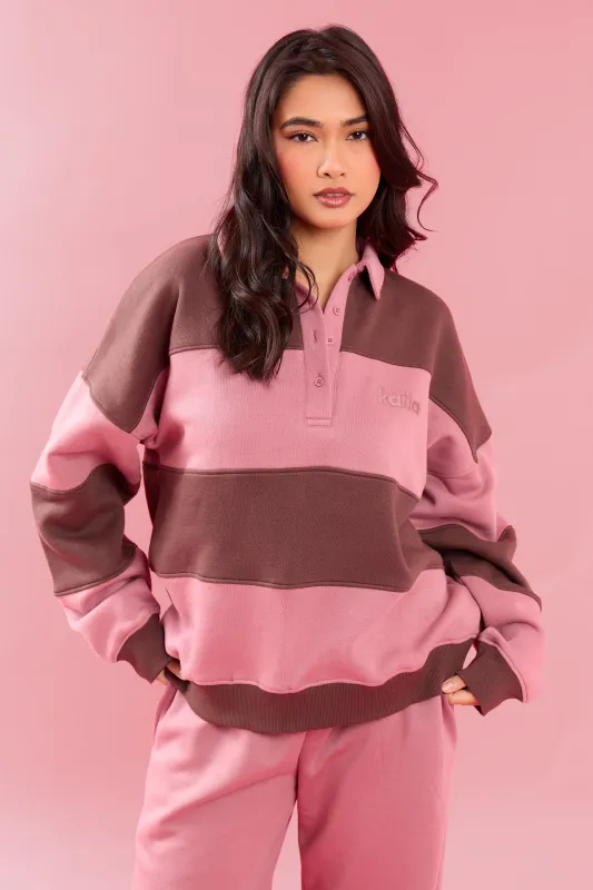 Kaiia Striped Oversized Rugby Sweatshirt Rose Latte & Cocoa Brown made by Kaiia the label