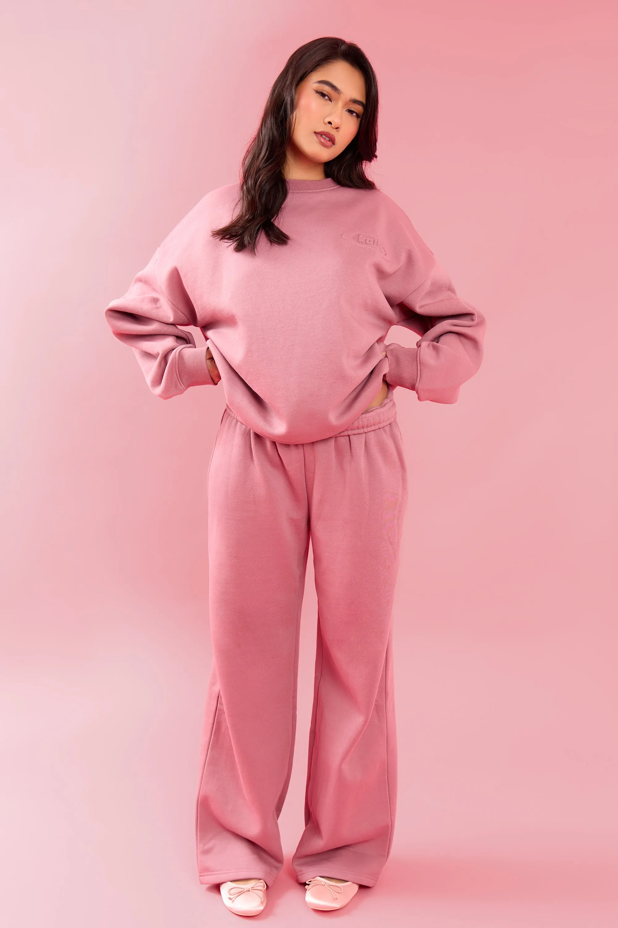 Kaiia Oval Embossed Folded Waistband Wide Leg Joggers Rose Latte sold by Kaiia the label