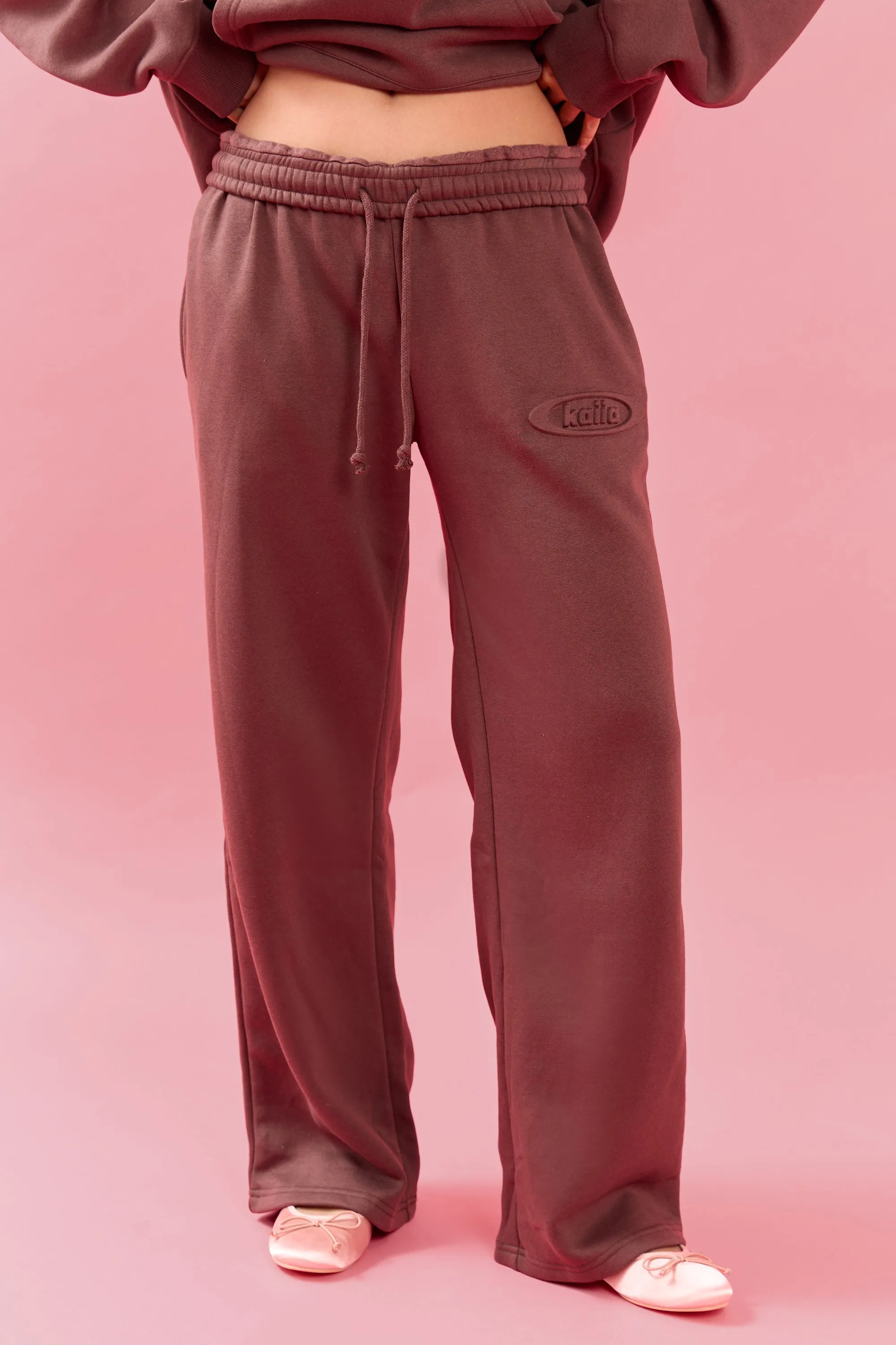 Kaiia Oval Embossed Folded Waistband Wide Leg Joggers Cocoa Brown sold by Kaiia the label product image thumbnail 3