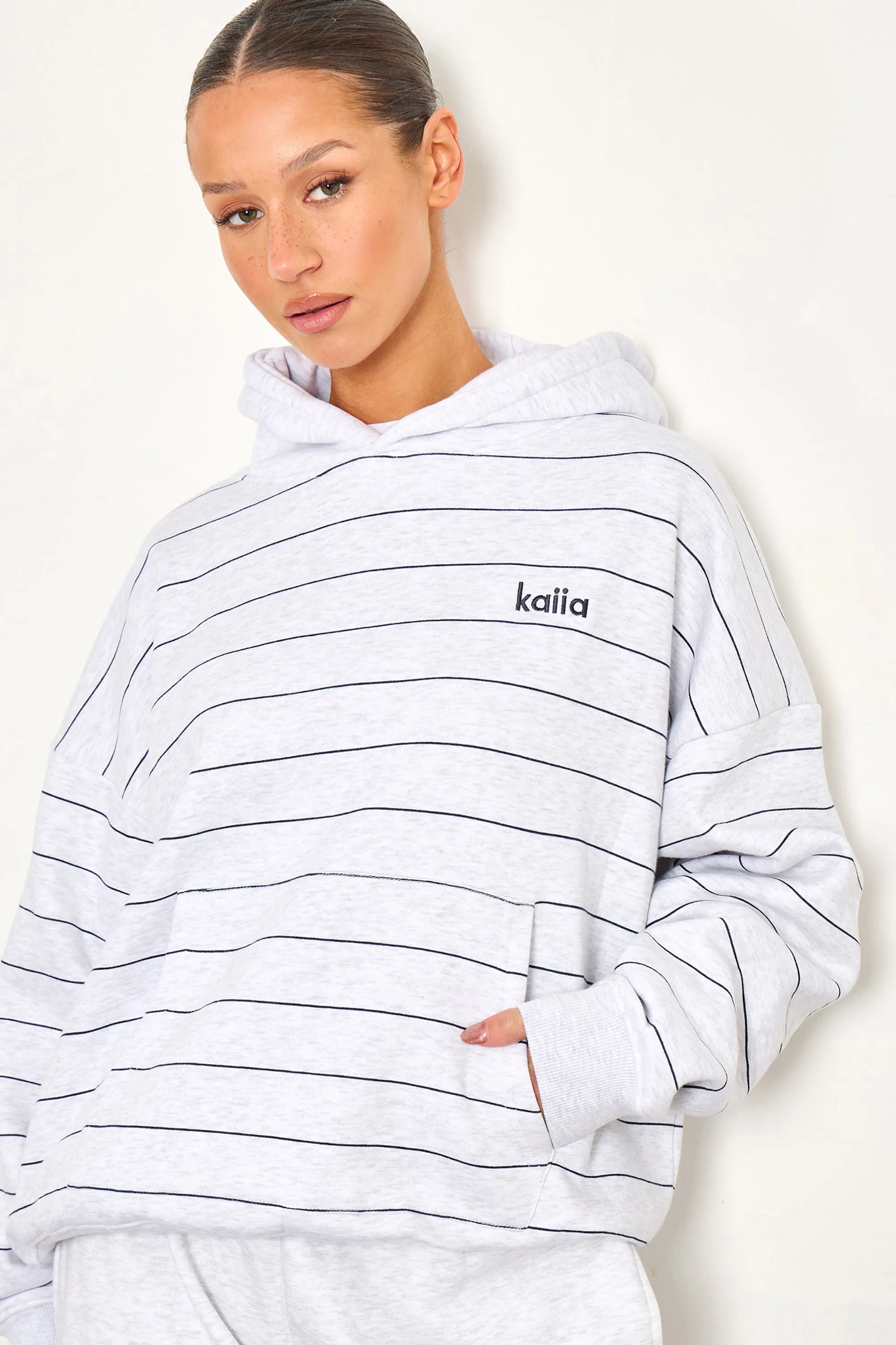 Kaiia Pinstripe Oversized Hoodie Light Grey Marl & Navy sold by Kaiia the label product image thumbnail 2