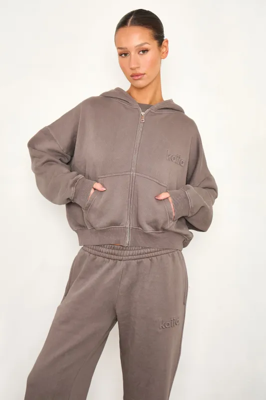 Kaiia Embossed Logo Oversized Zip Through Hoodie Washed Storm Grey made by Kaiia the label
