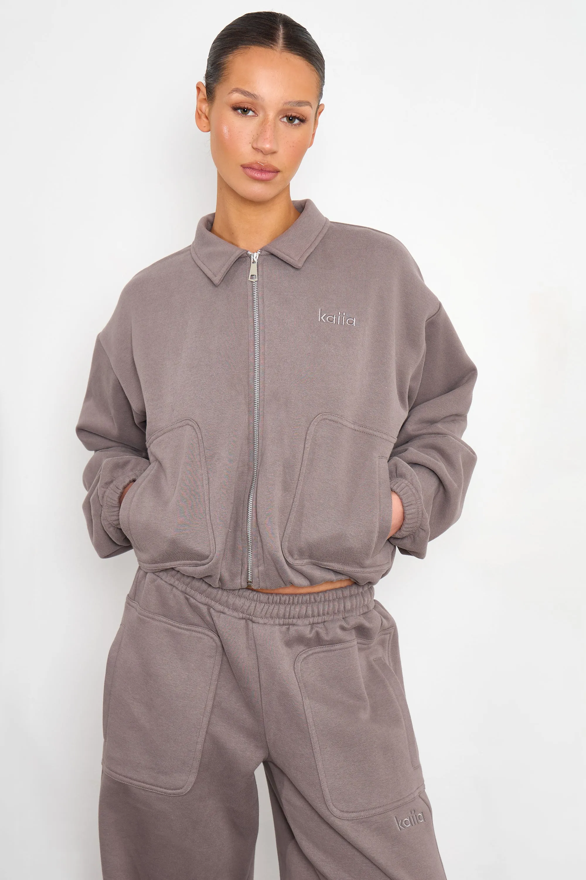 Kaiia Pocket Detail Zip Through Sweatshirt Silver Grey sold by Kaiia the label