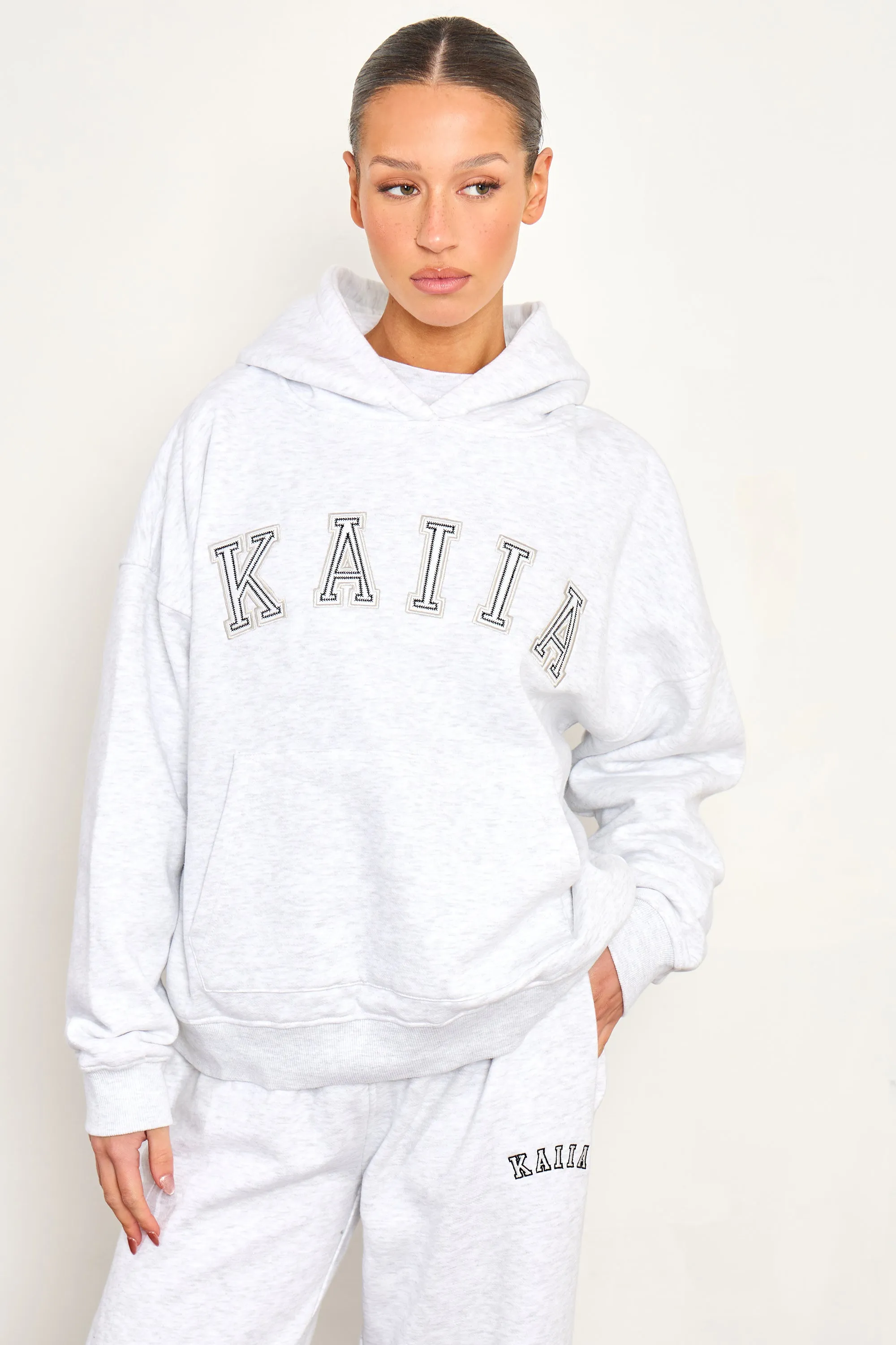 Kaiia Chainstitch Slogan Oversized Hoodie Light Grey Marl sold by Kaiia the label
