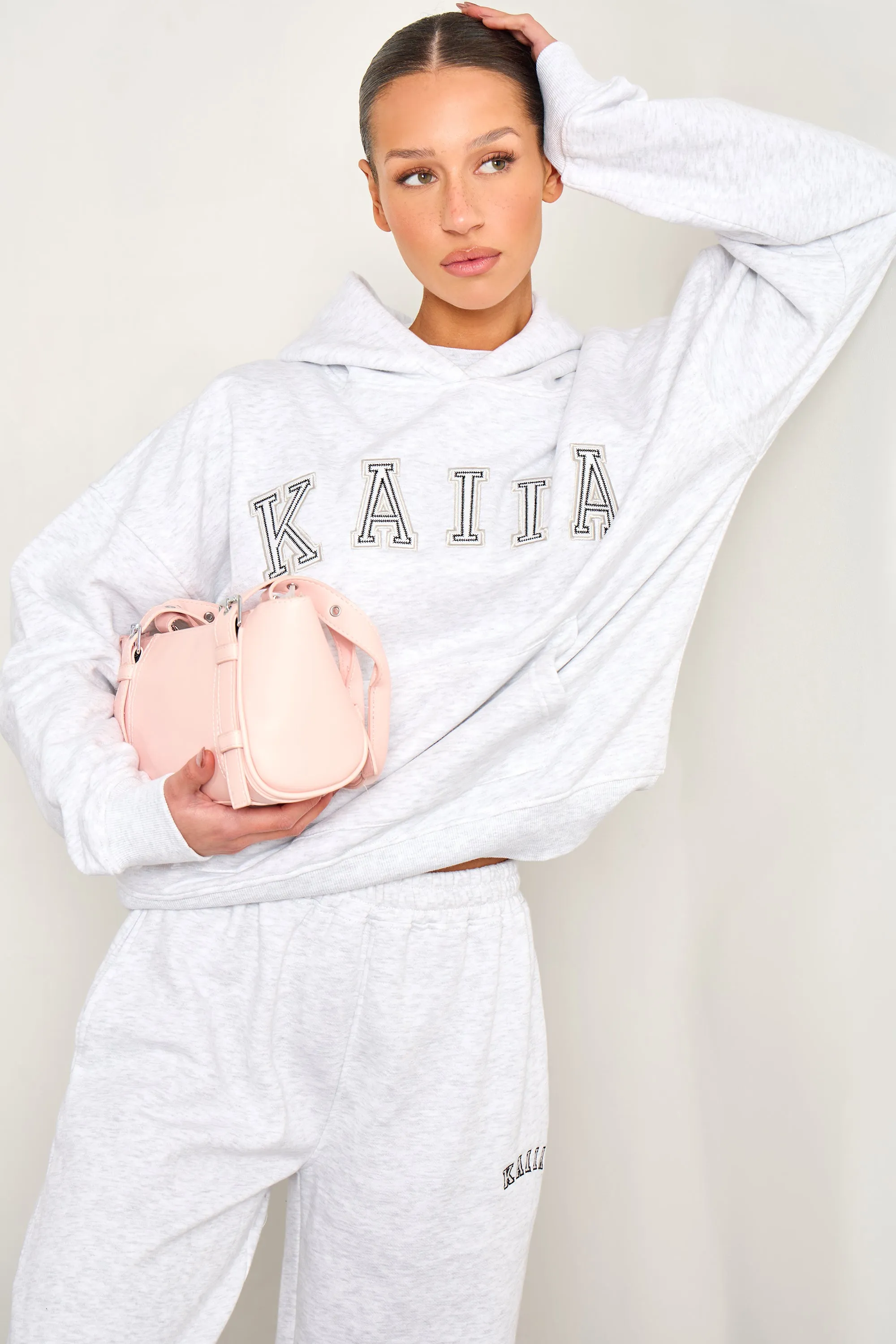 Kaiia Chainstitch Slogan Oversized Hoodie Light Grey Marl sold by Kaiia the label product image thumbnail 2