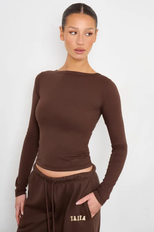 Kaiia Cotton Slash Neck Long Sleeve Top Bitter Chocolate made by Kaiia the label
