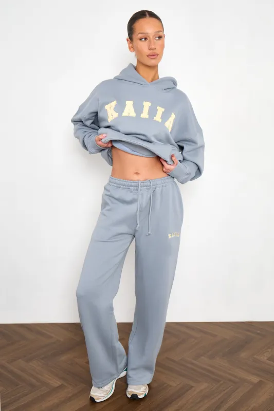 Kaiia Slogan Wide Leg Joggers Mist Grey & Yellow made by Kaiia the label
