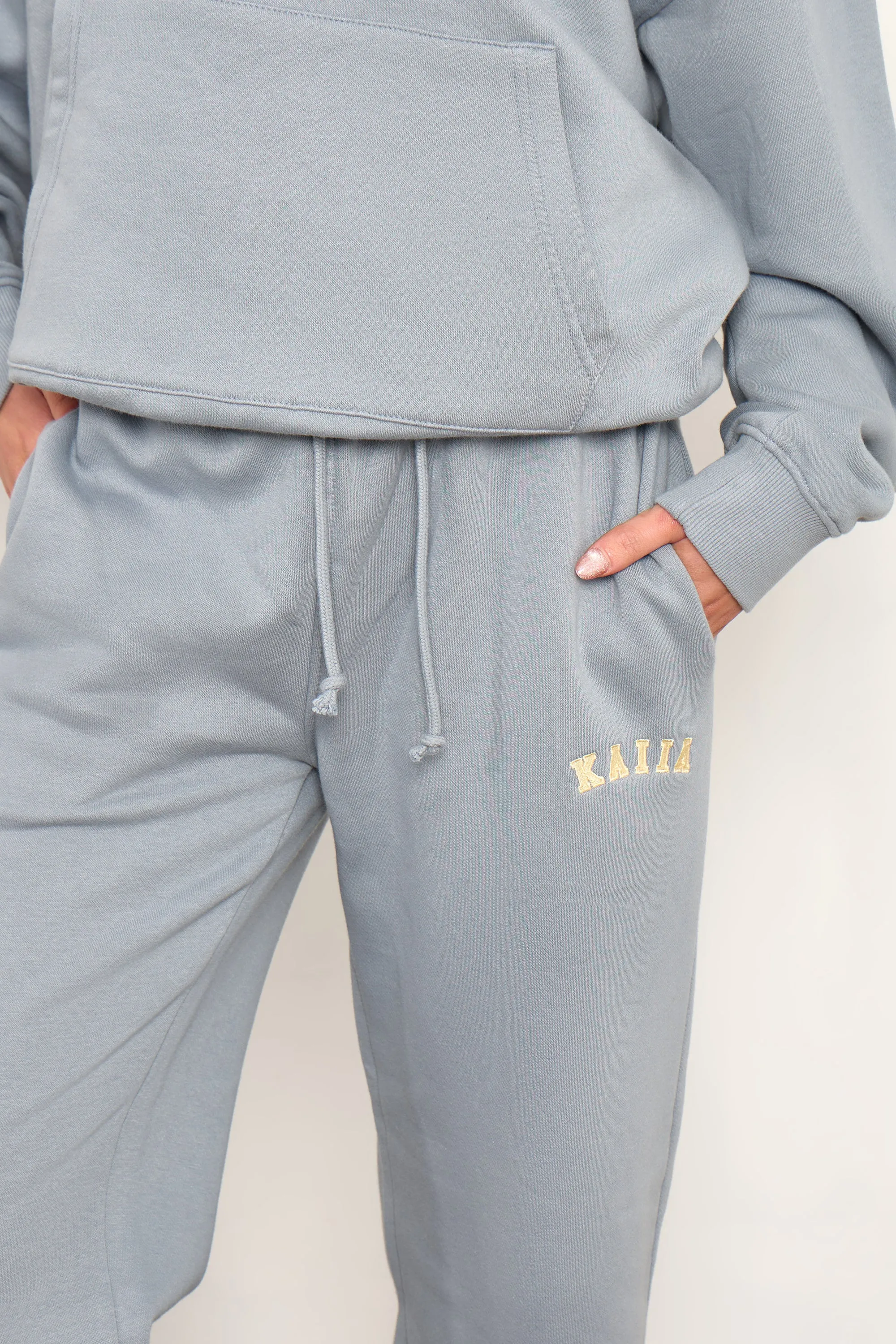 Kaiia Slogan Wide Leg Joggers Mist Grey & Yellow sold by Kaiia the label product image thumbnail 2