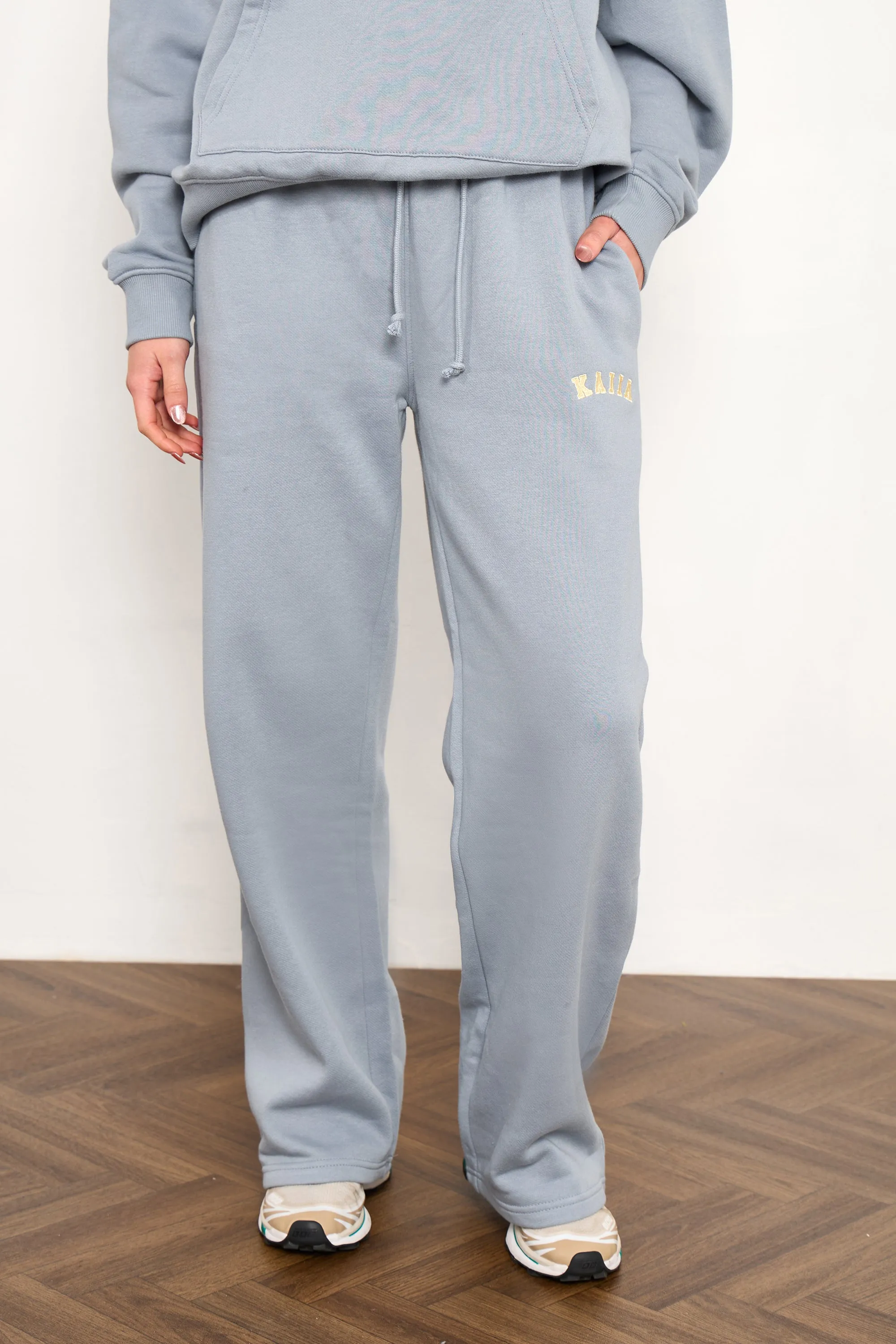 Kaiia Slogan Wide Leg Joggers Mist Grey & Yellow sold by Kaiia the label product image thumbnail 3