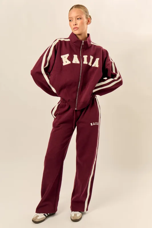 Kaiia Sport Stripe Wide Leg Joggers Burgundy & Cream made by Kaiia the label