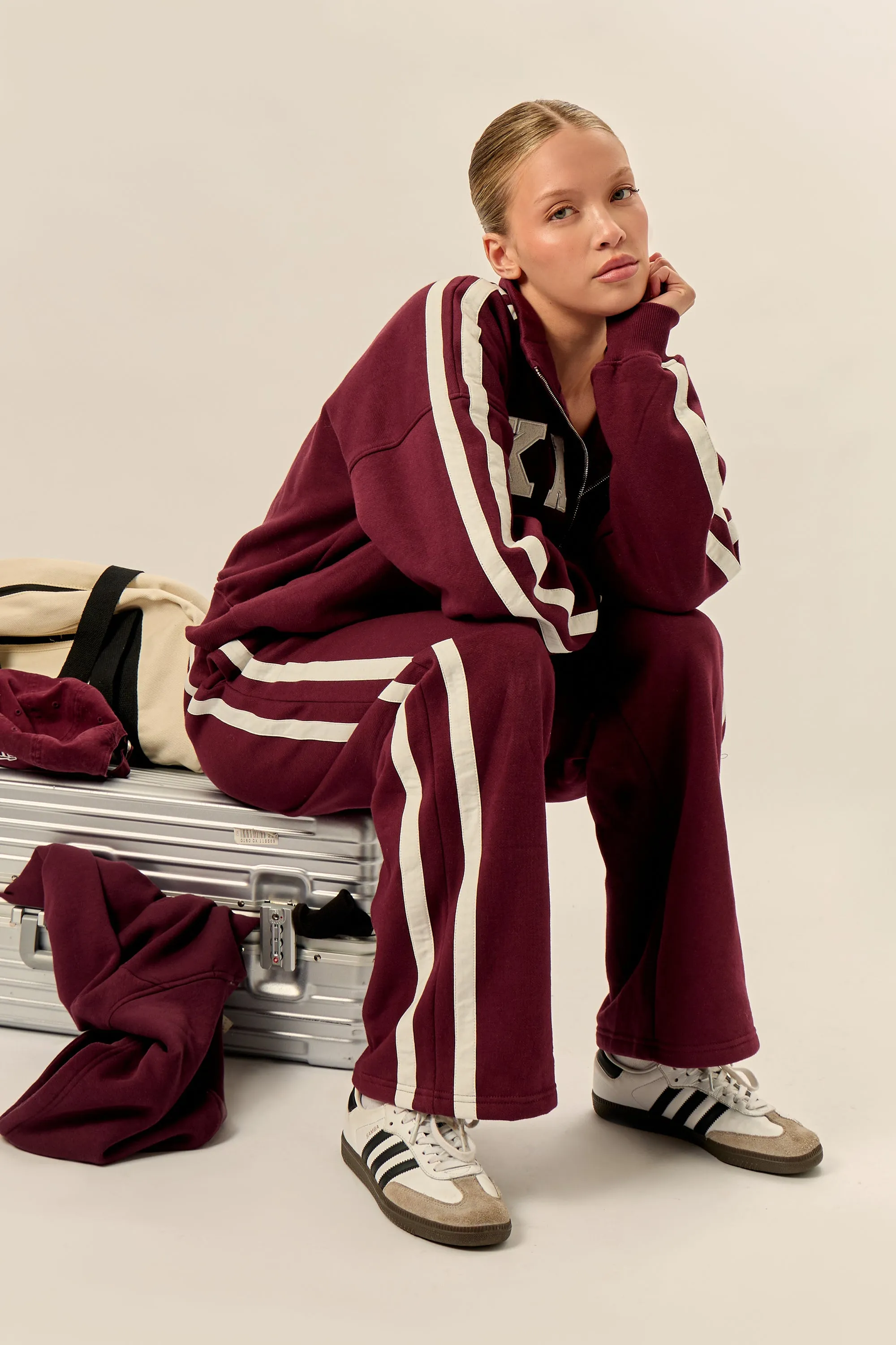 Kaiia Sport Stripe Wide Leg Joggers Burgundy & Cream sold by Kaiia the label product image thumbnail 2