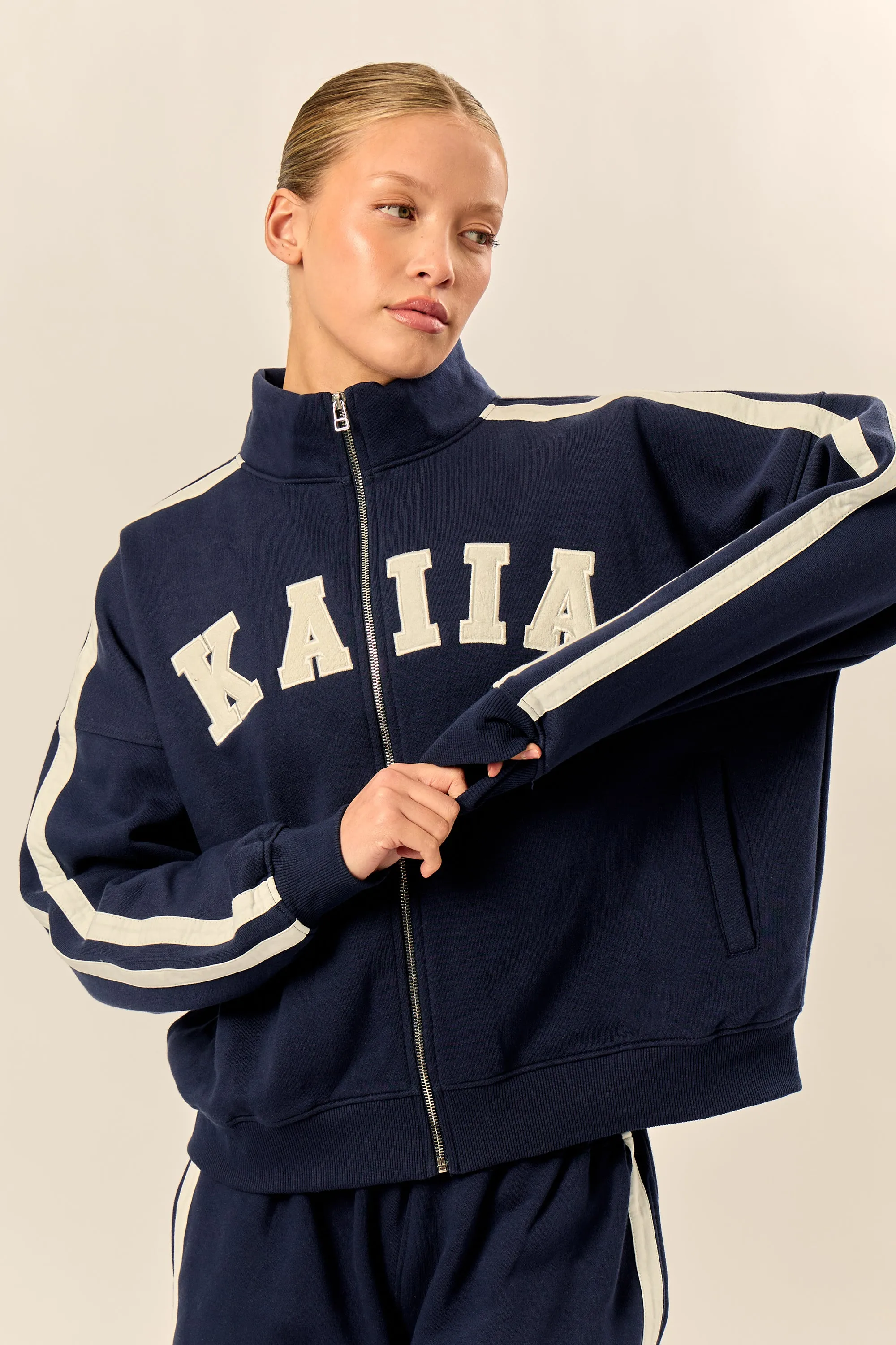 Kaiia Sport Stripe Funnel Neck Zip Through Sweatshirt Navy & Cream sold by Kaiia the label product image thumbnail 5