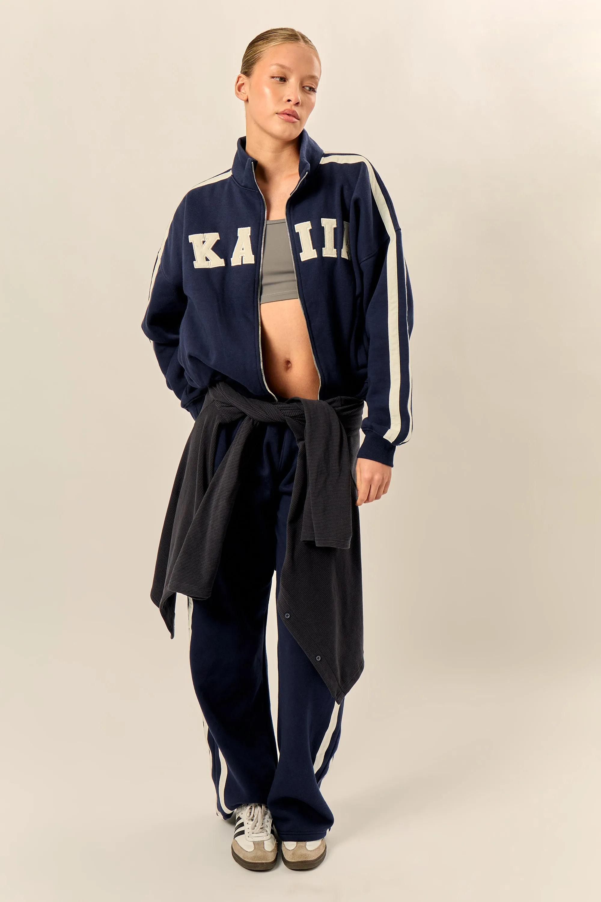 Kaiia Sport Stripe Funnel Neck Zip Through Sweatshirt Navy & Cream sold by Kaiia the label product image thumbnail 3