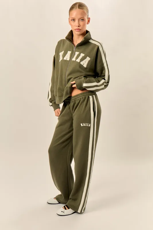 Kaiia Sport Stripe Wide Leg Joggers Olive & Cream made by Kaiia the label