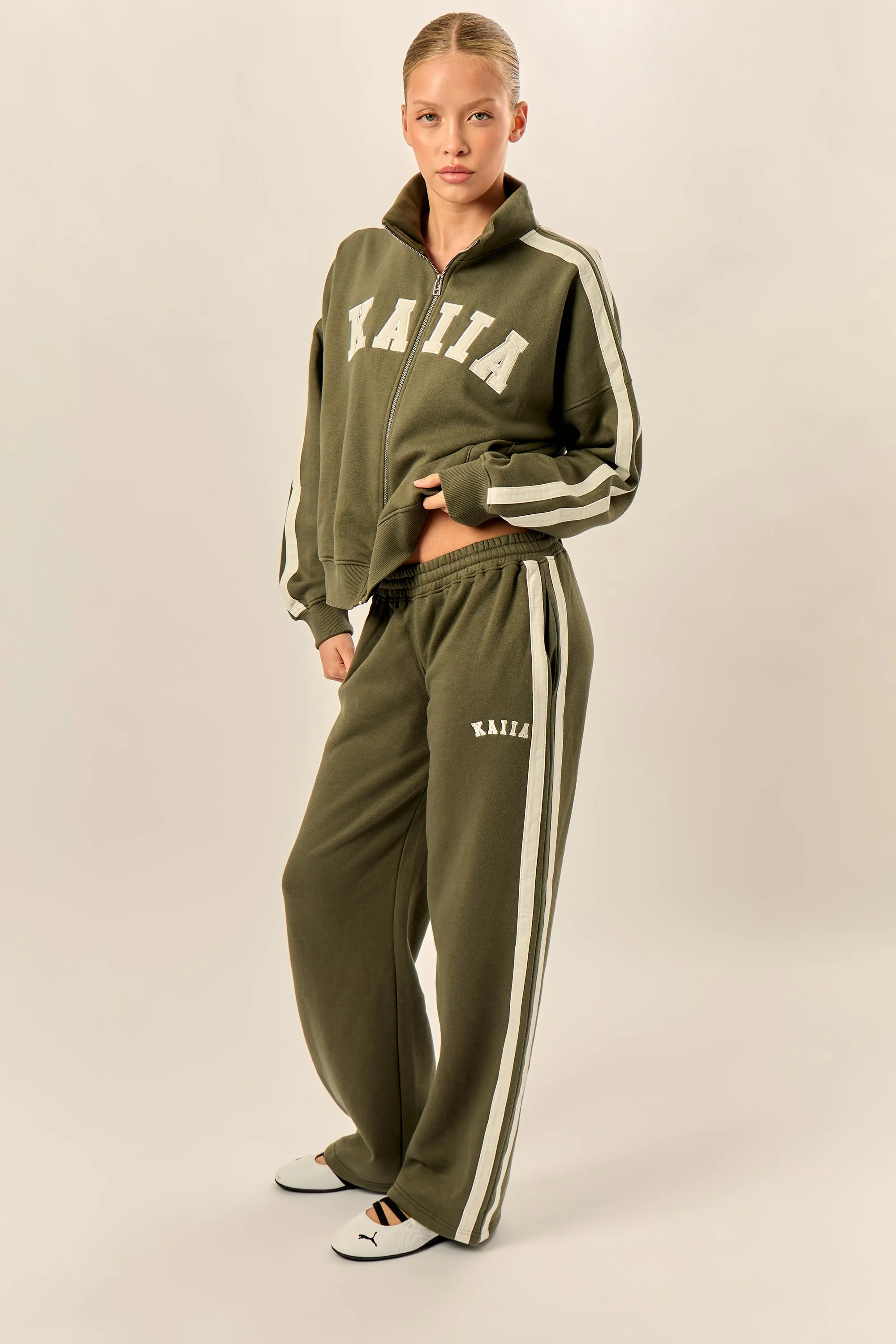 Kaiia Sport Stripe Wide Leg Joggers Olive & Cream sold by Kaiia the label