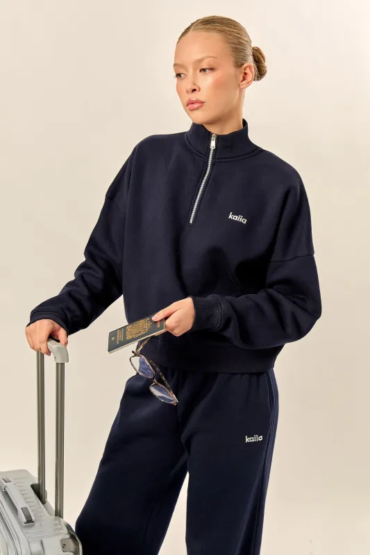 Kaiia Chrome Logo Oversized Quarter Zip Sweatshirt Navy made by Kaiia the label