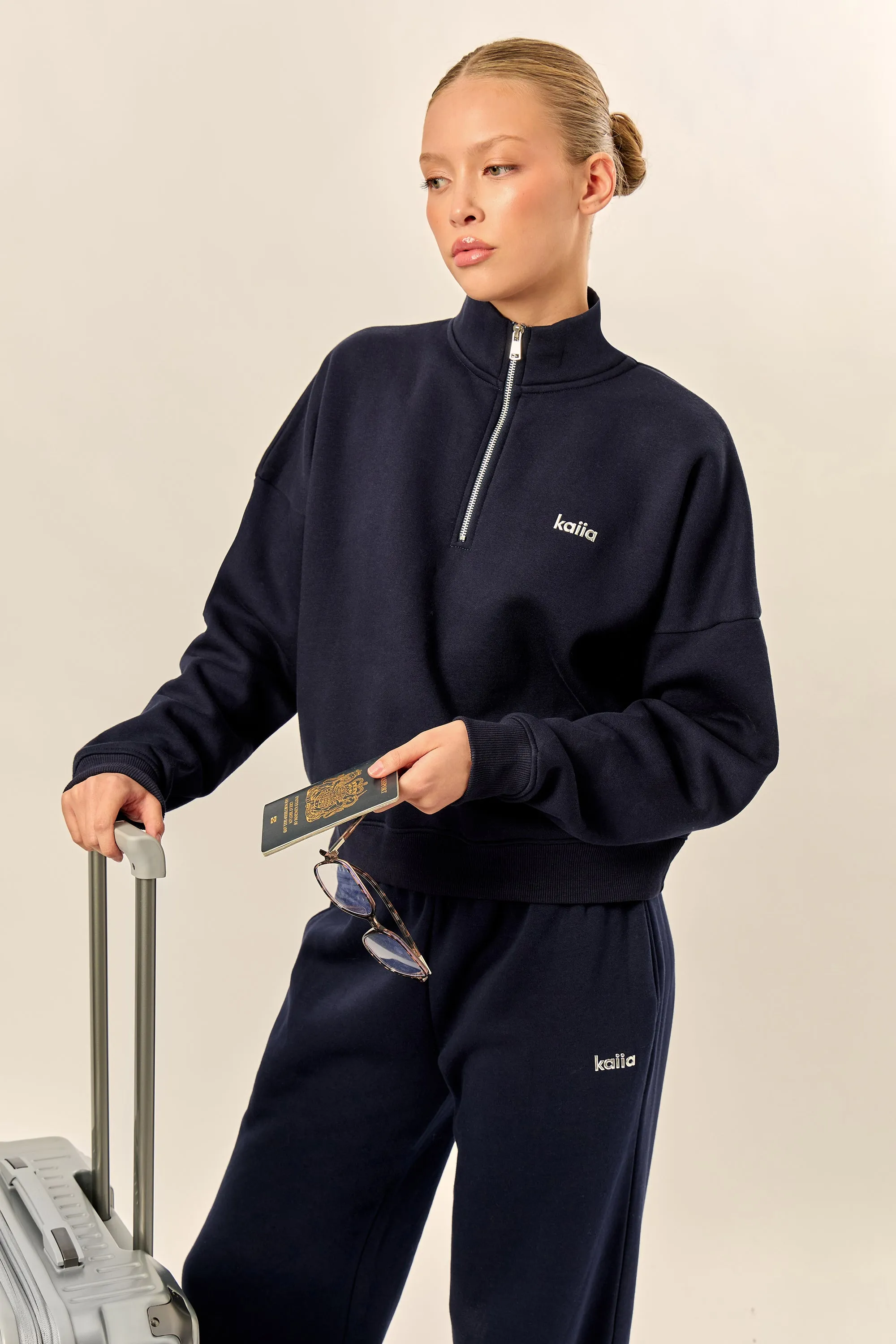 Kaiia Chrome Logo Oversized Quarter Zip Sweatshirt Navy sold by Kaiia the label