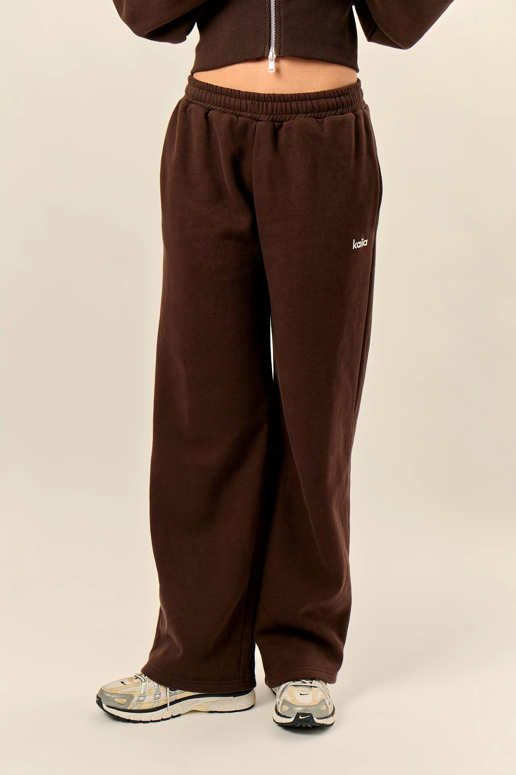Kaiia Chrome Logo Mid Rise Wide Leg Joggers Bitter Chocolate sold by Kaiia the label product image thumbnail 3