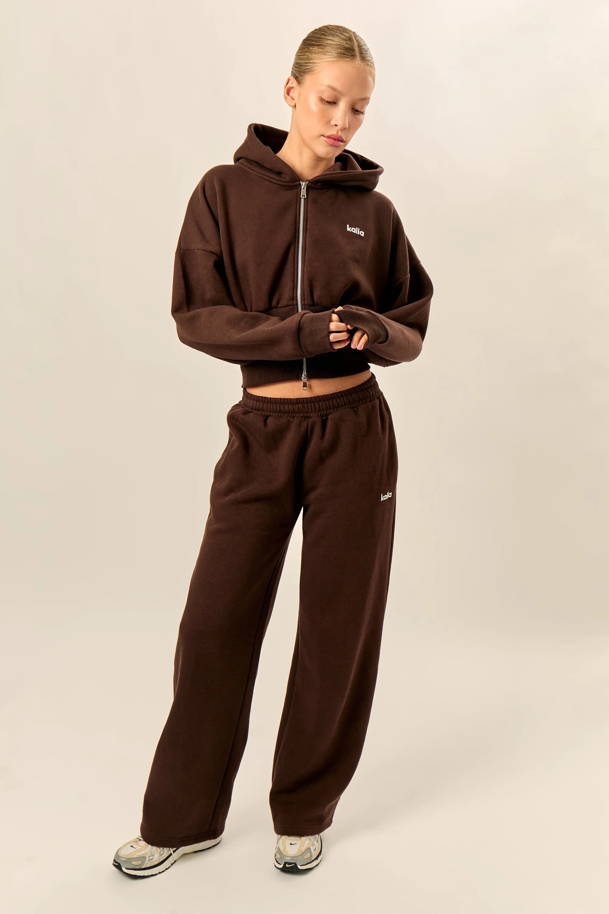 Kaiia Chrome Logo Mid Rise Wide Leg Joggers Bitter Chocolate sold by Kaiia the label
