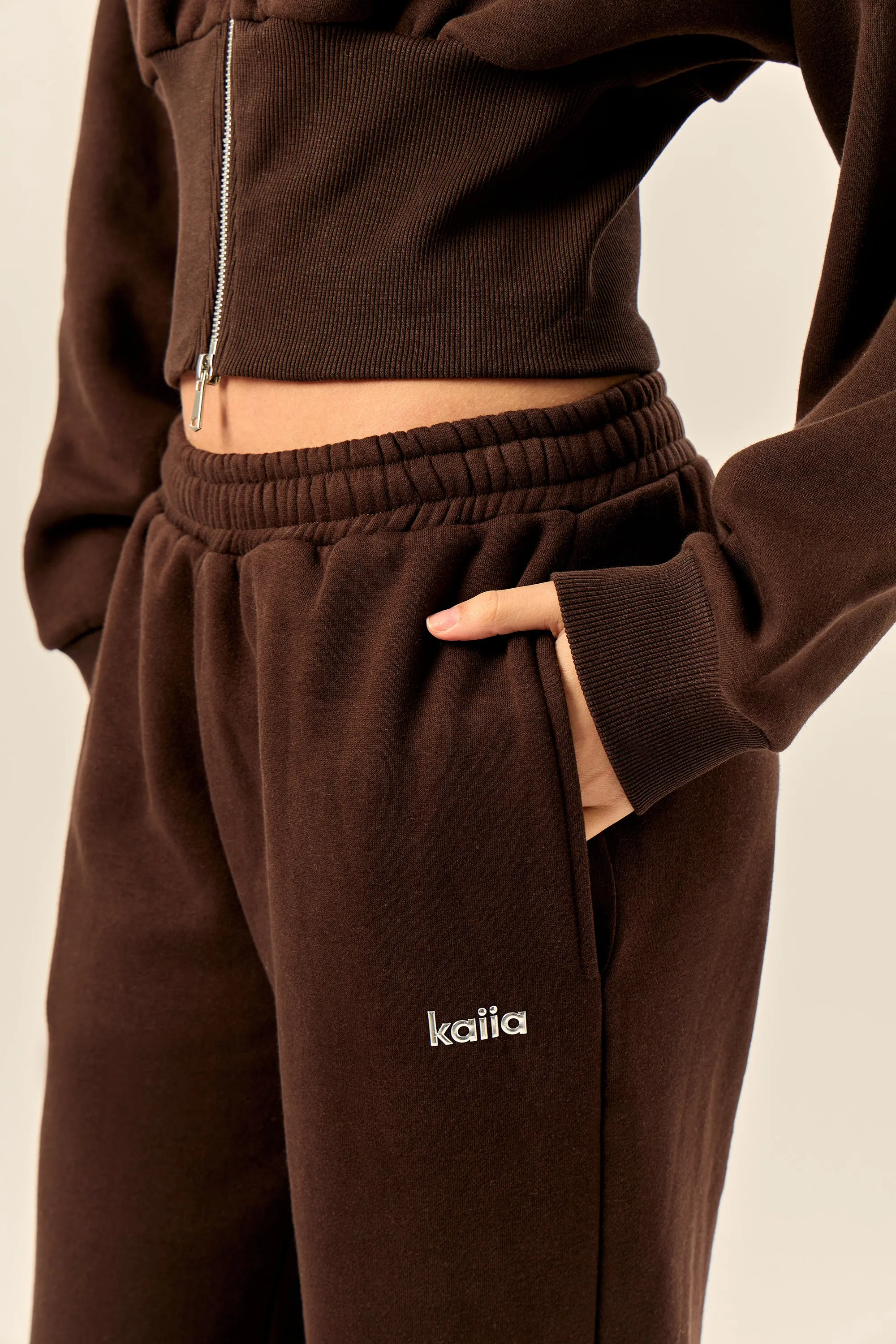 Kaiia Chrome Logo Mid Rise Wide Leg Joggers Bitter Chocolate sold by Kaiia the label product image thumbnail 2