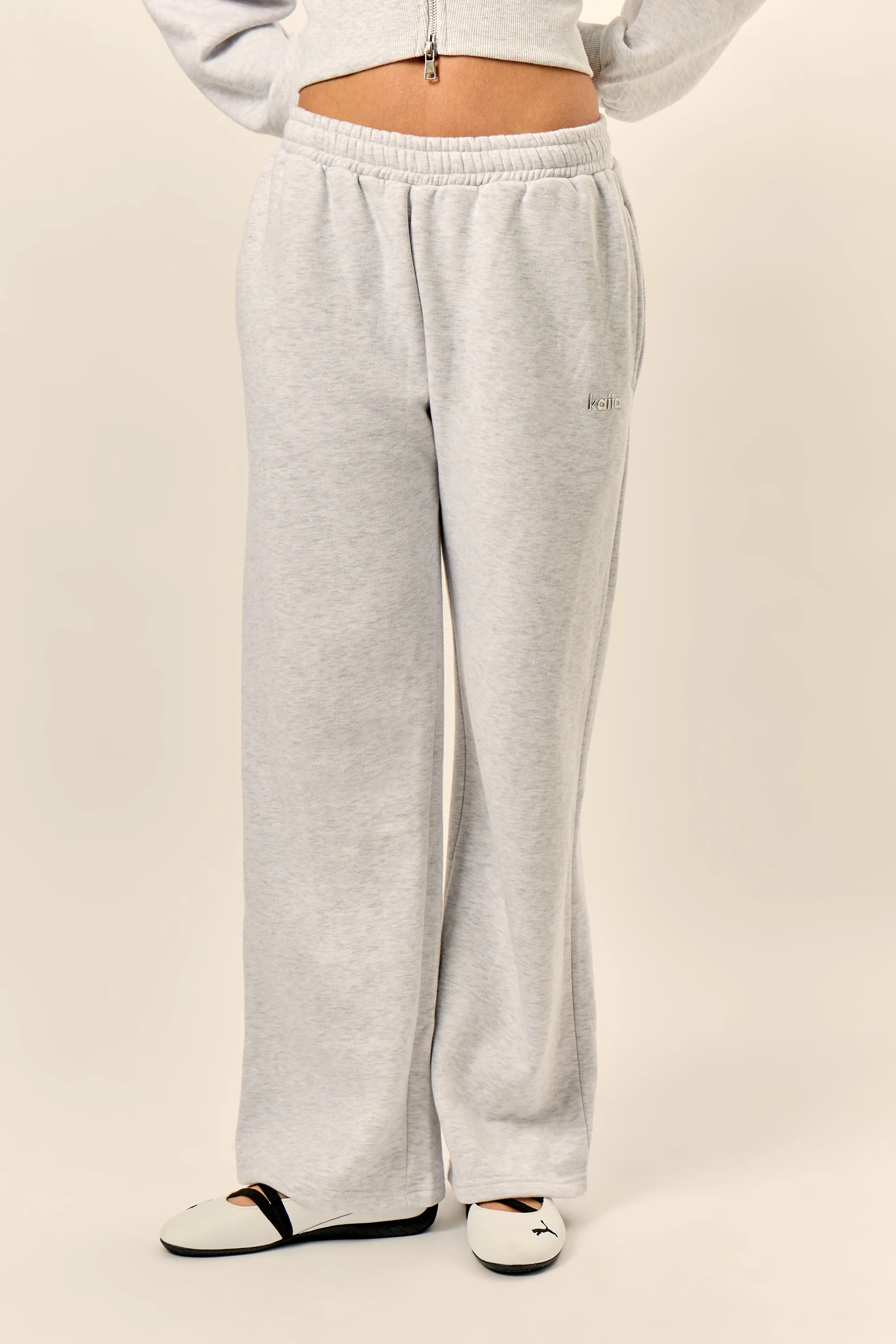 Kaiia Chrome Logo Mid Rise Wide Leg Joggers Light Grey Marl sold by Kaiia the label product image thumbnail 4