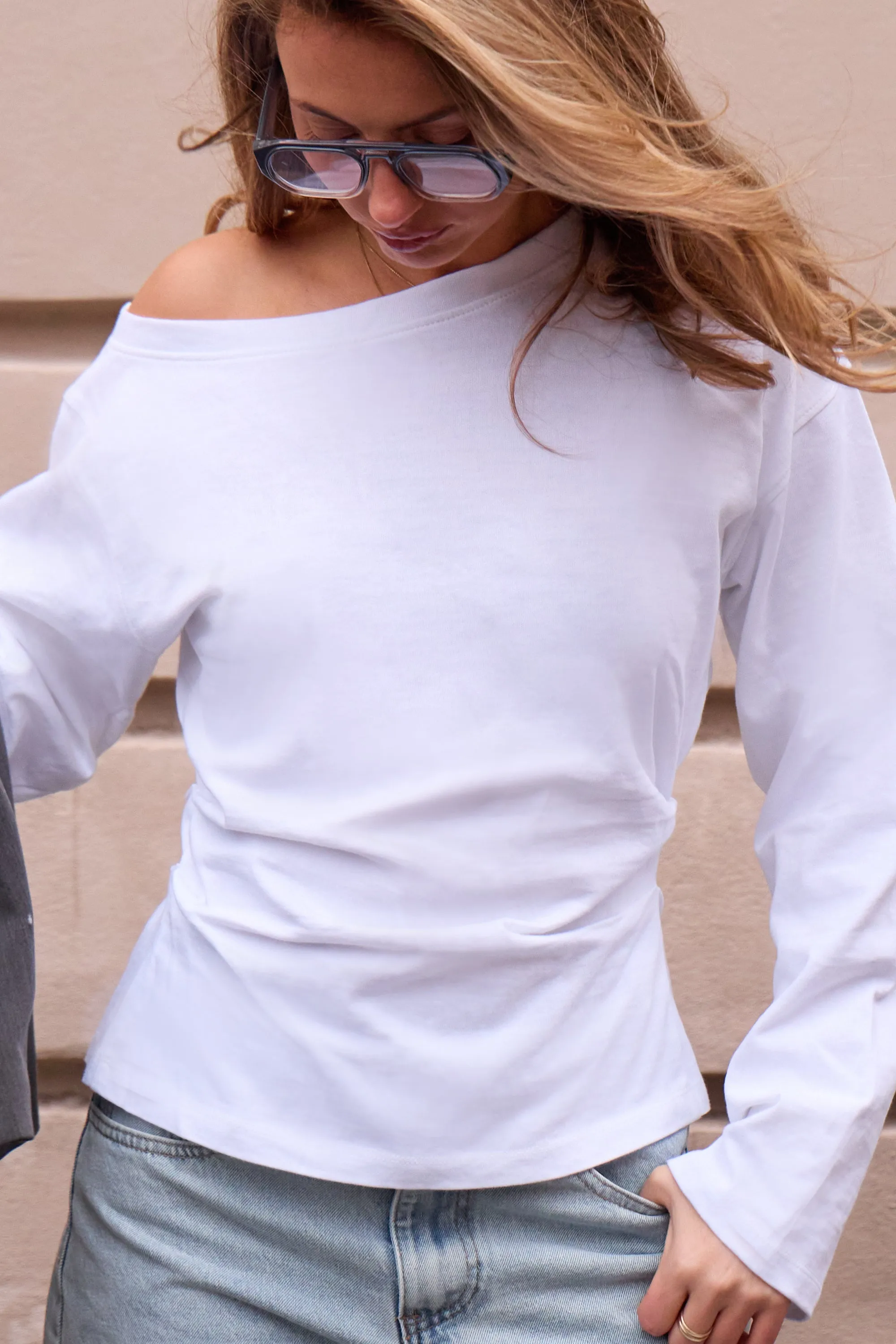 Kaiia Cinched Waist Off the Shoulder Top White sold by Kaiia the label product image thumbnail 4
