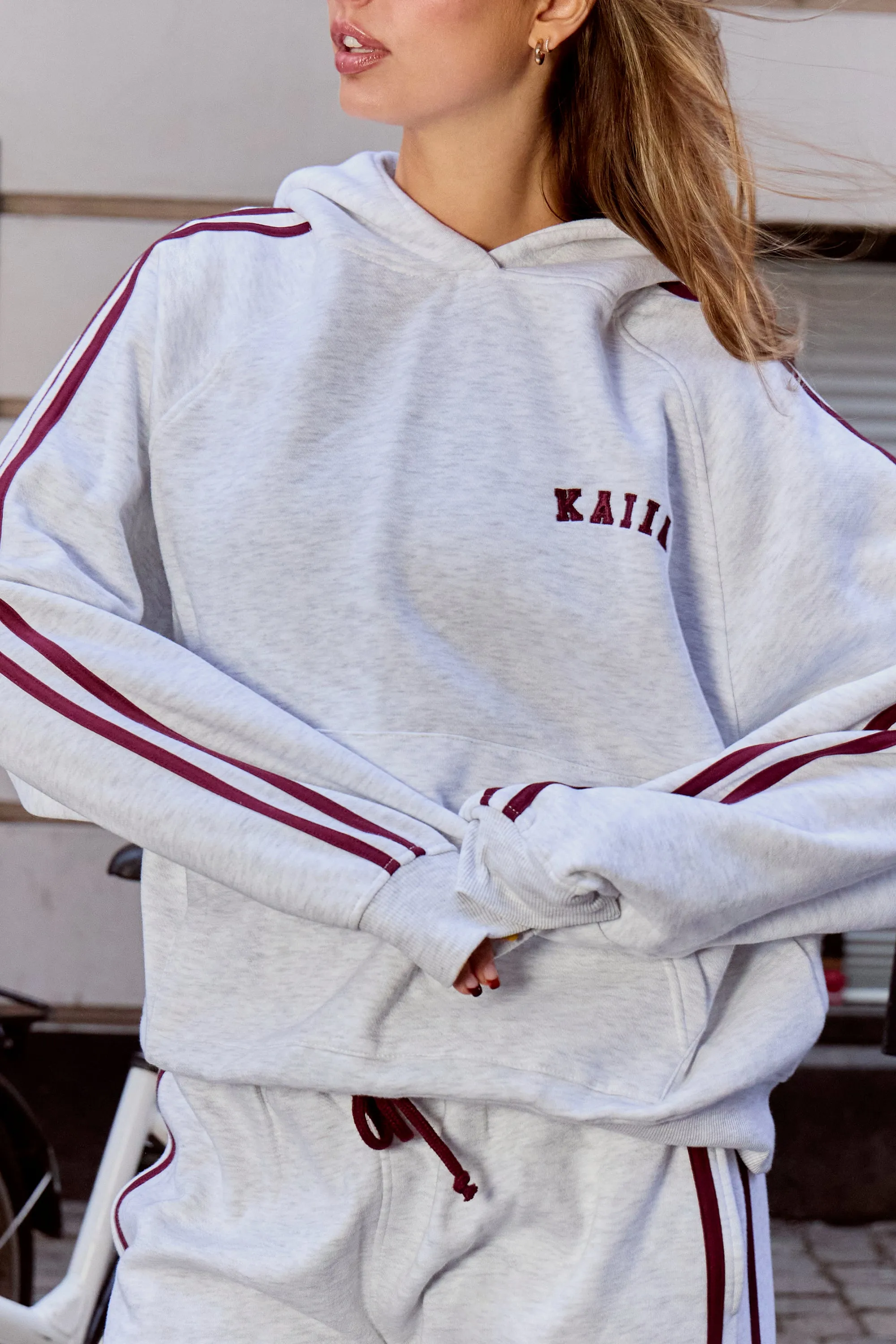 Kaiia Sport Side Stripe Oversized Hoodie Light Grey Marl & Burgundy sold by Kaiia the label product image thumbnail 2