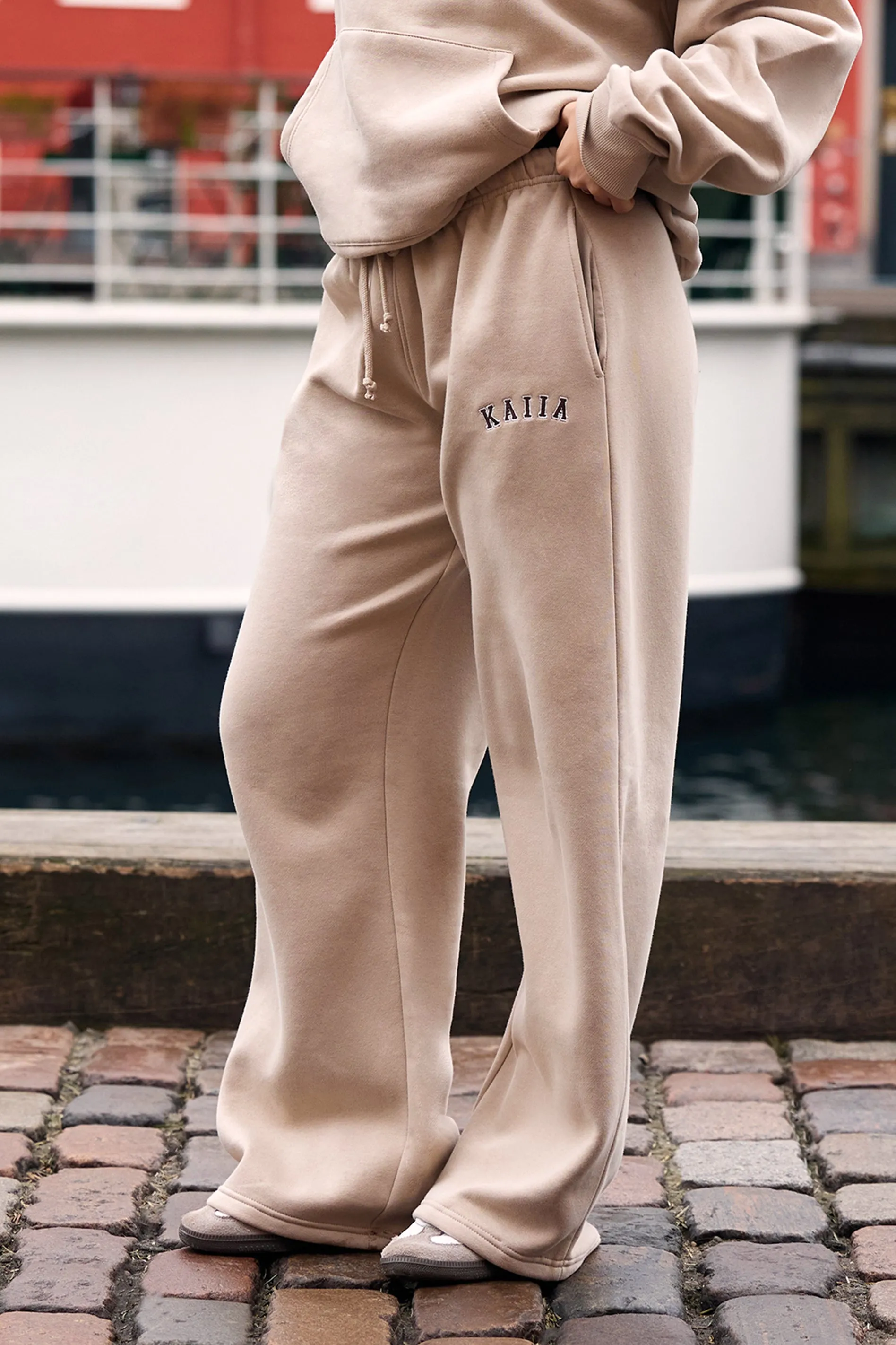 Kaiia Slogan Mid Rise Wide Leg Joggers Ash Taupe & Bitter Chocolate sold by Kaiia the label product image thumbnail 3