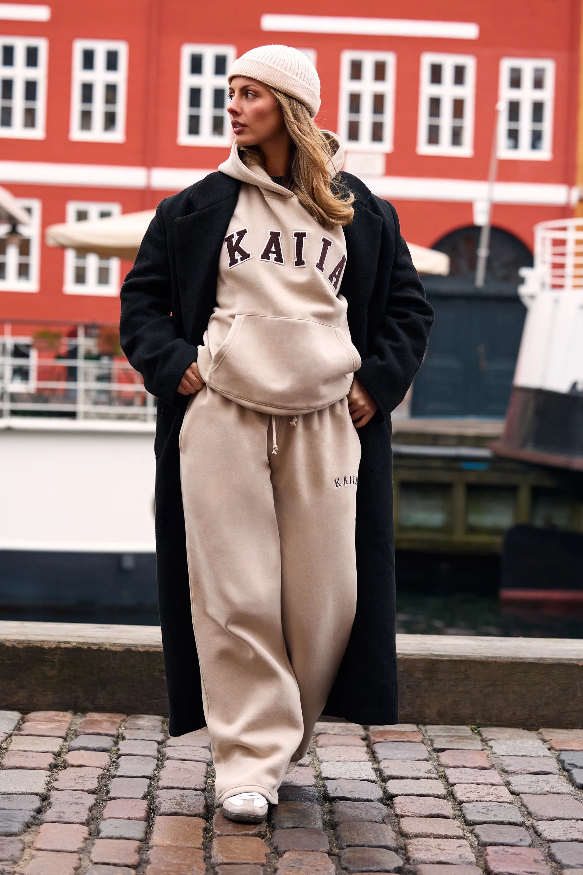 Kaiia Slogan Mid Rise Wide Leg Joggers Ash Taupe & Bitter Chocolate sold by Kaiia the label