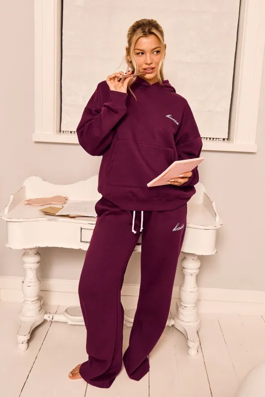 Kaiia Script Ribbed Waistband Wide Leg Joggers Deep Burgundy made by Kaiia the label