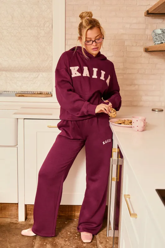 Kaiia Slogan Wide Leg Joggers Deep Burgundy & Pink made by Kaiia the label
