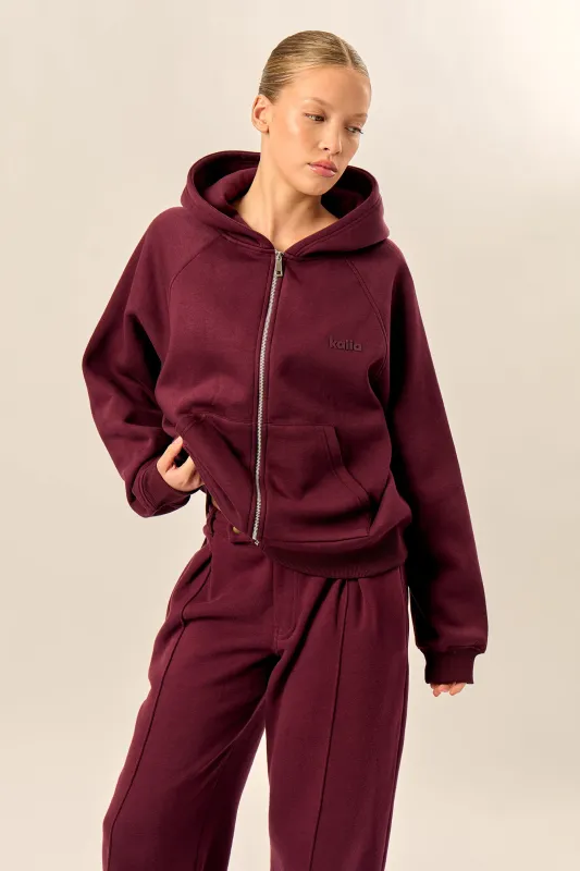 Kaiia Logo Oversized Zip Through Hoodie Dark Cherry made by Kaiia the label