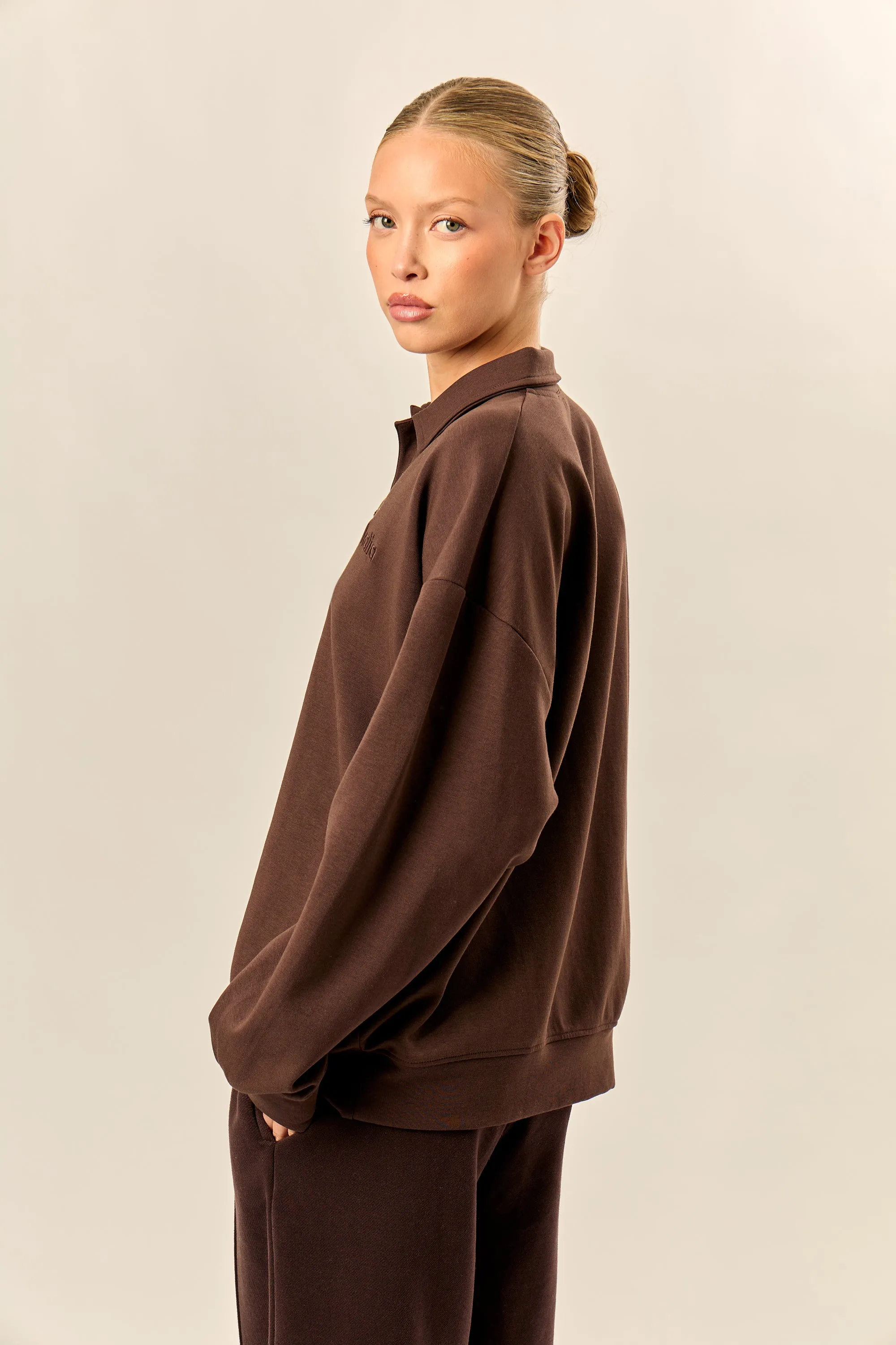 Kaiia Interlock Oversized Polo Style Button Sweatshirt Bitter Chocolate sold by Kaiia the label product image thumbnail 4