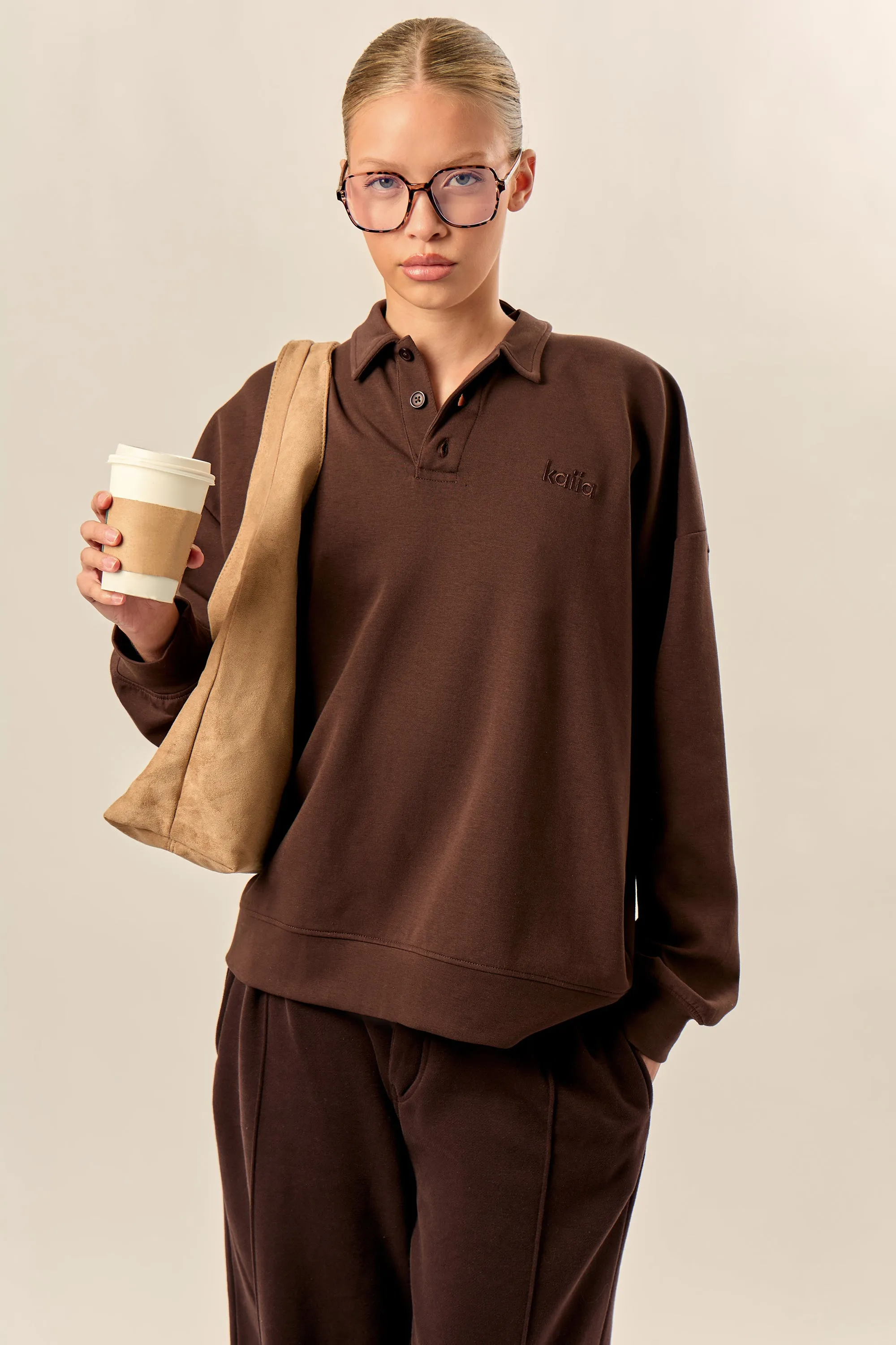 Kaiia Interlock Oversized Polo Style Button Sweatshirt Bitter Chocolate sold by Kaiia the label