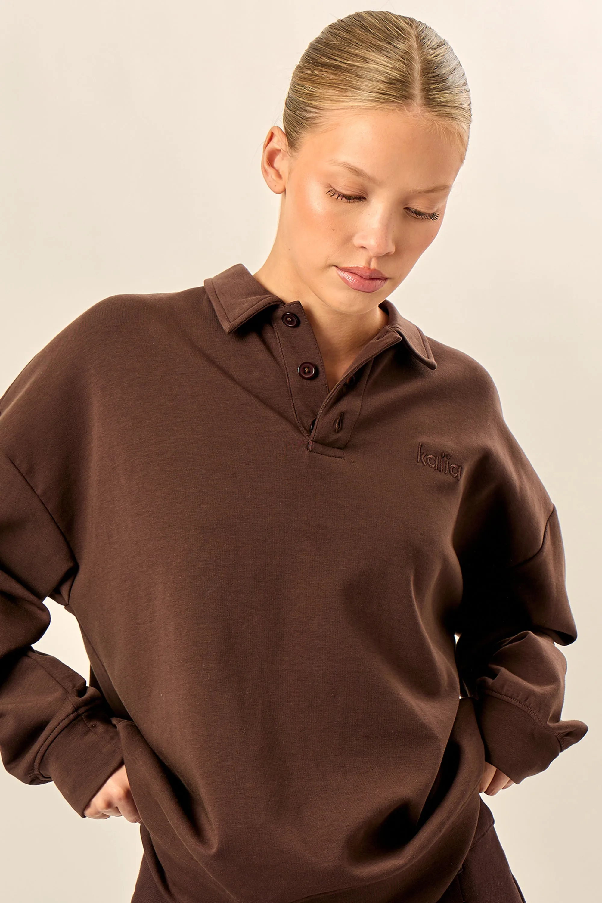 Kaiia Interlock Oversized Polo Style Button Sweatshirt Bitter Chocolate sold by Kaiia the label product image thumbnail 2