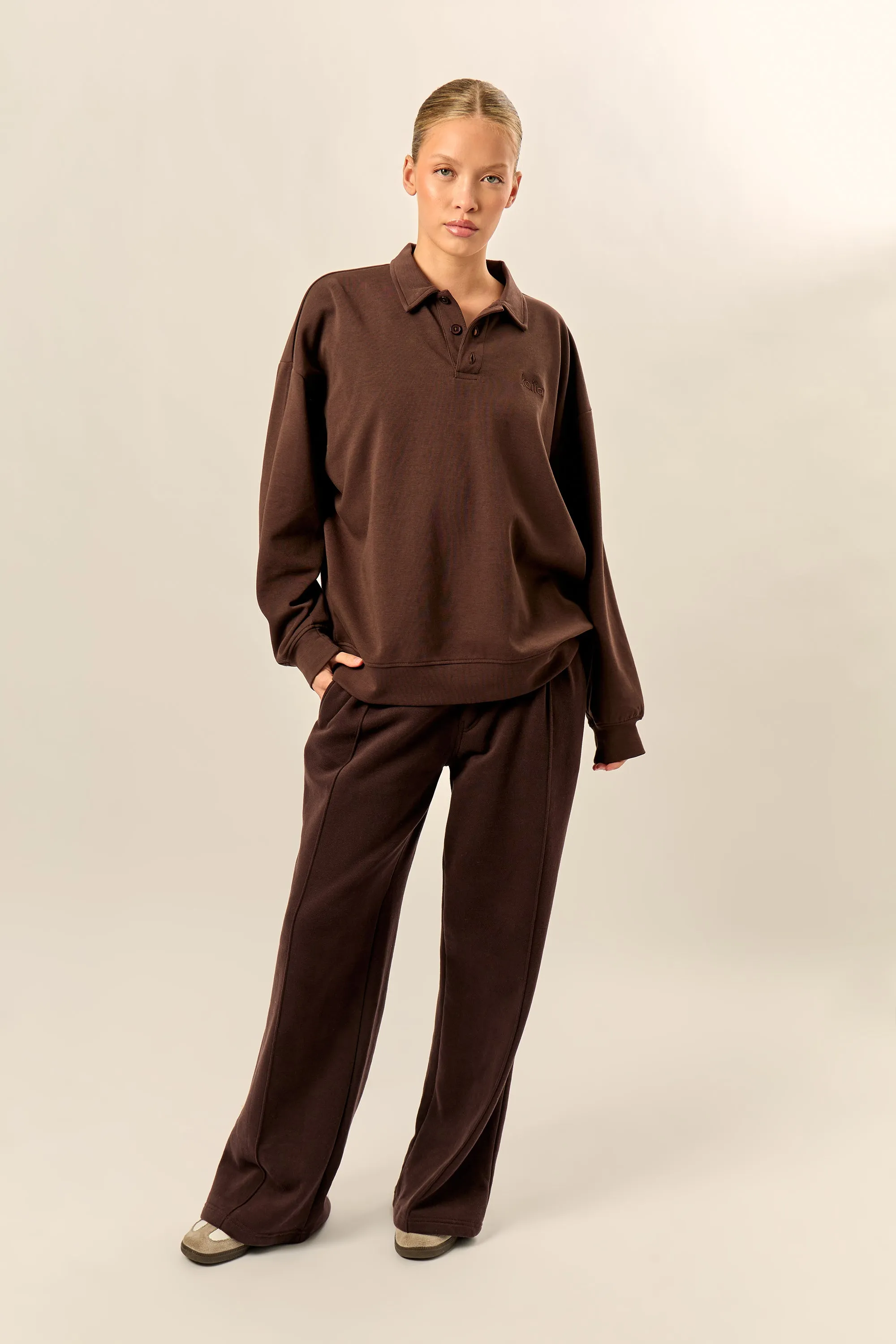 Kaiia Interlock Oversized Polo Style Button Sweatshirt Bitter Chocolate sold by Kaiia the label product image thumbnail 3