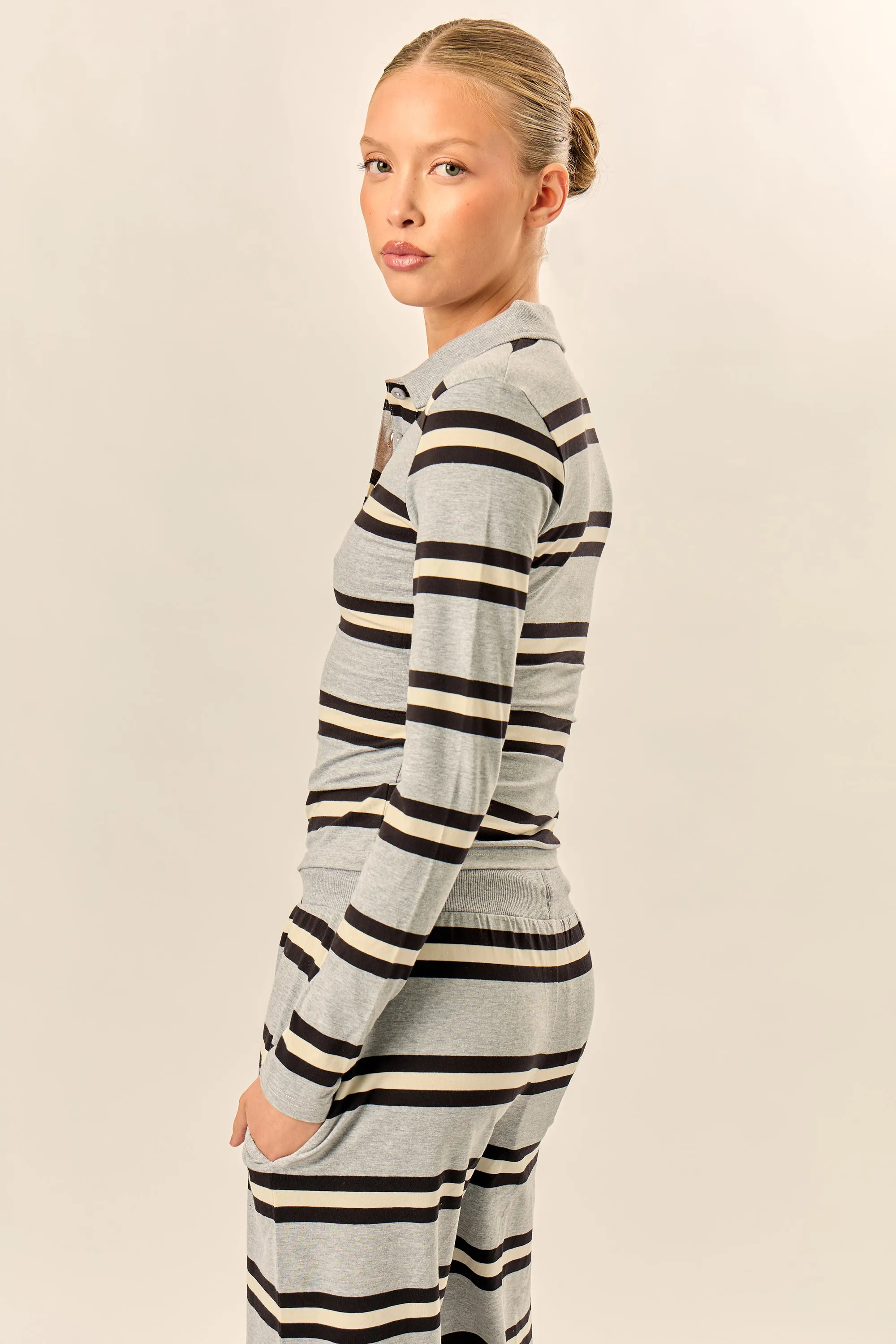 Kaiia Striped Long Sleeve Polo Top Grey Marl, Cream & Black sold by Kaiia the label product image thumbnail 4