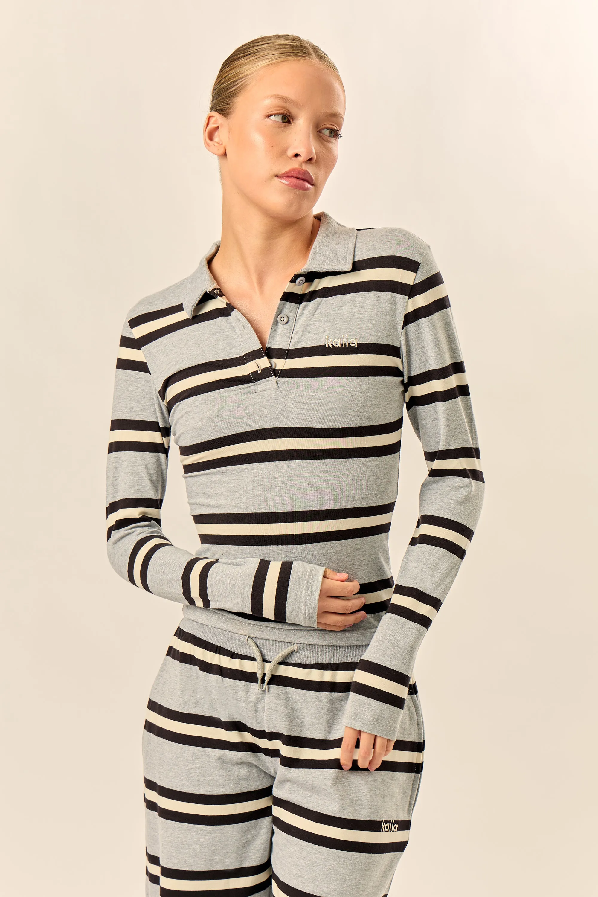 Kaiia Striped Long Sleeve Polo Top Grey Marl, Cream & Black sold by Kaiia the label