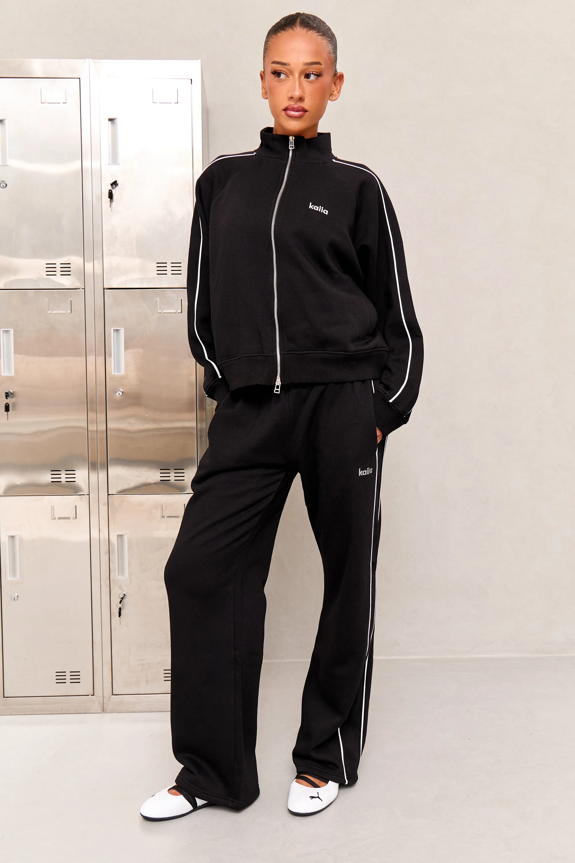 Kaiia Chrome Logo Sport Piping Side Stripe Oversized Zip Through Sweatshirt Black & White sold by Kaiia the label product image thumbnail 3