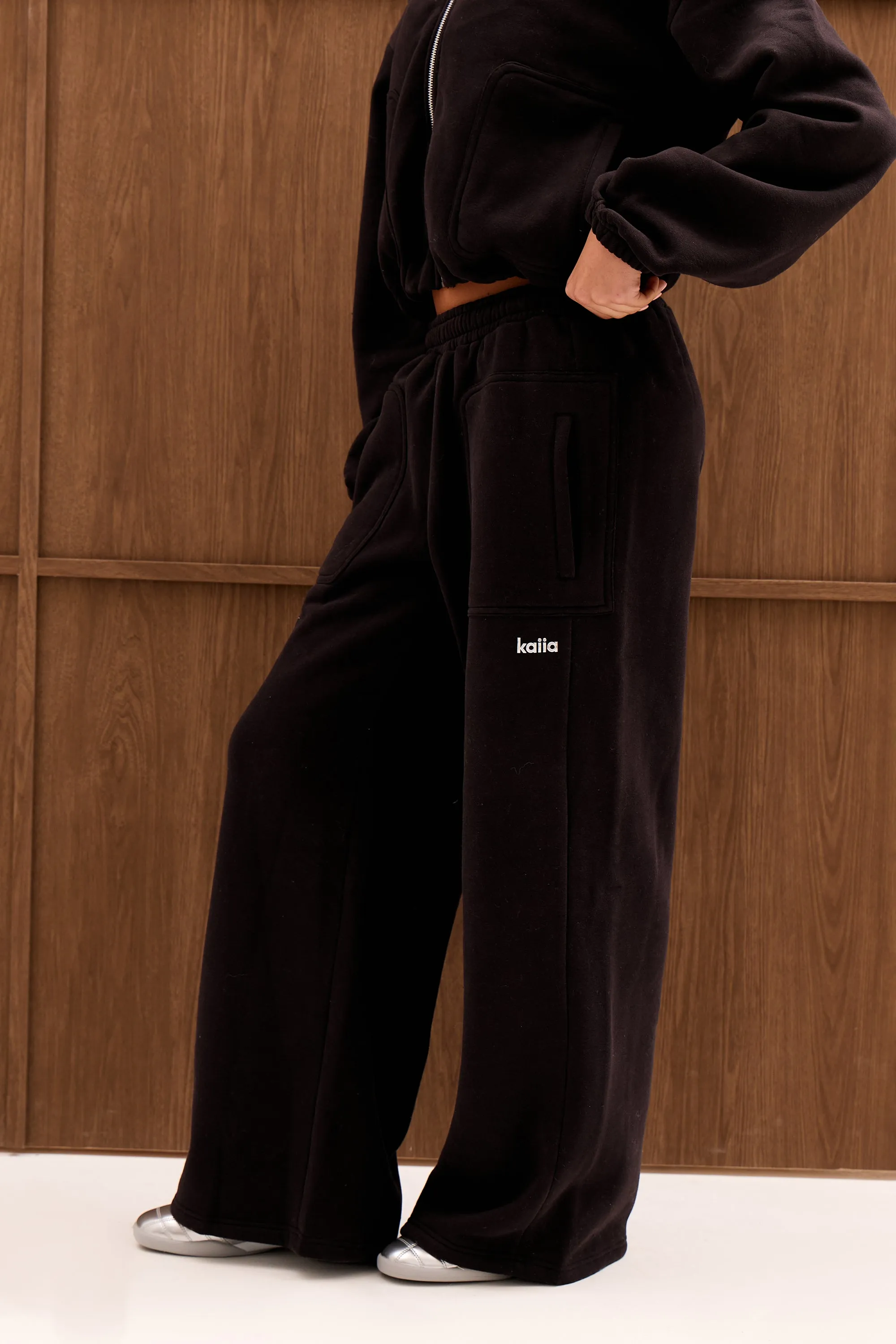 Kaiia Chrome Logo Pocket Detail Mid Rise Wide Leg Joggers Black sold by Kaiia the label product image thumbnail 2