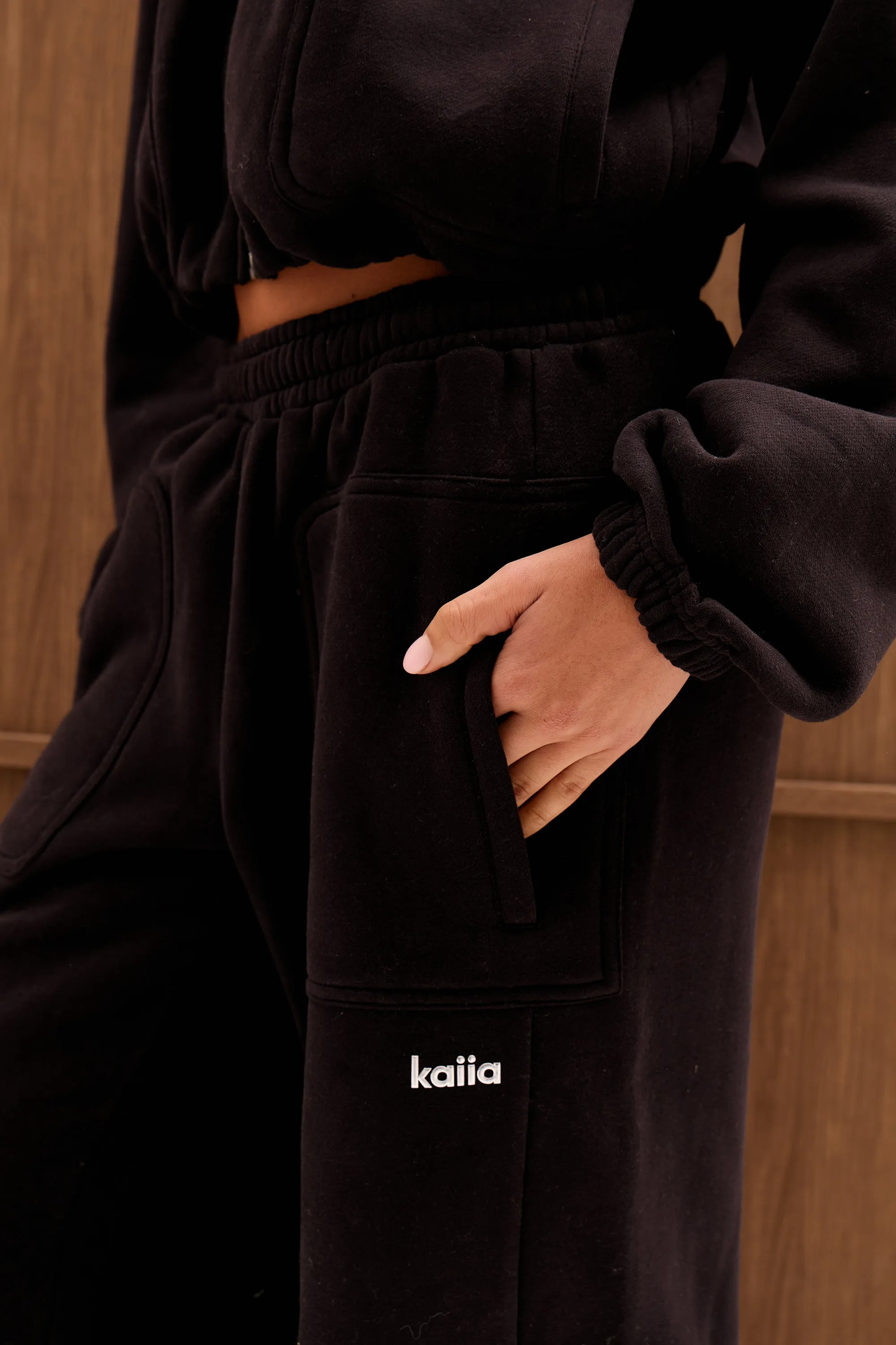 Kaiia Chrome Logo Pocket Detail Mid Rise Wide Leg Joggers Black sold by Kaiia the label product image thumbnail 3