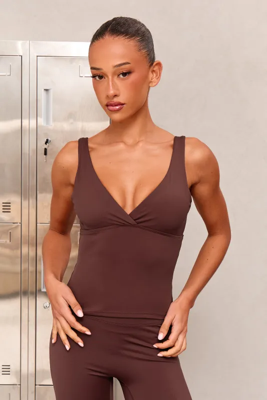 Kaiia Sculpt Cross Over Padded Gym Top Bitter Chocolate made by Kaiia the label