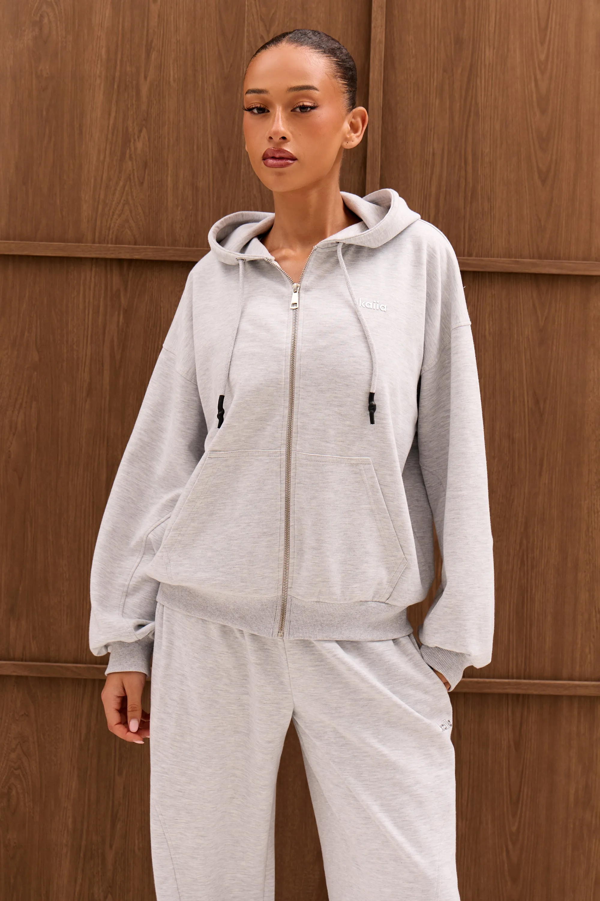 Kaiia Chrome Logo Premium Interlock Oversized Zip Through Hoodie Light Grey Marl sold by Kaiia the label