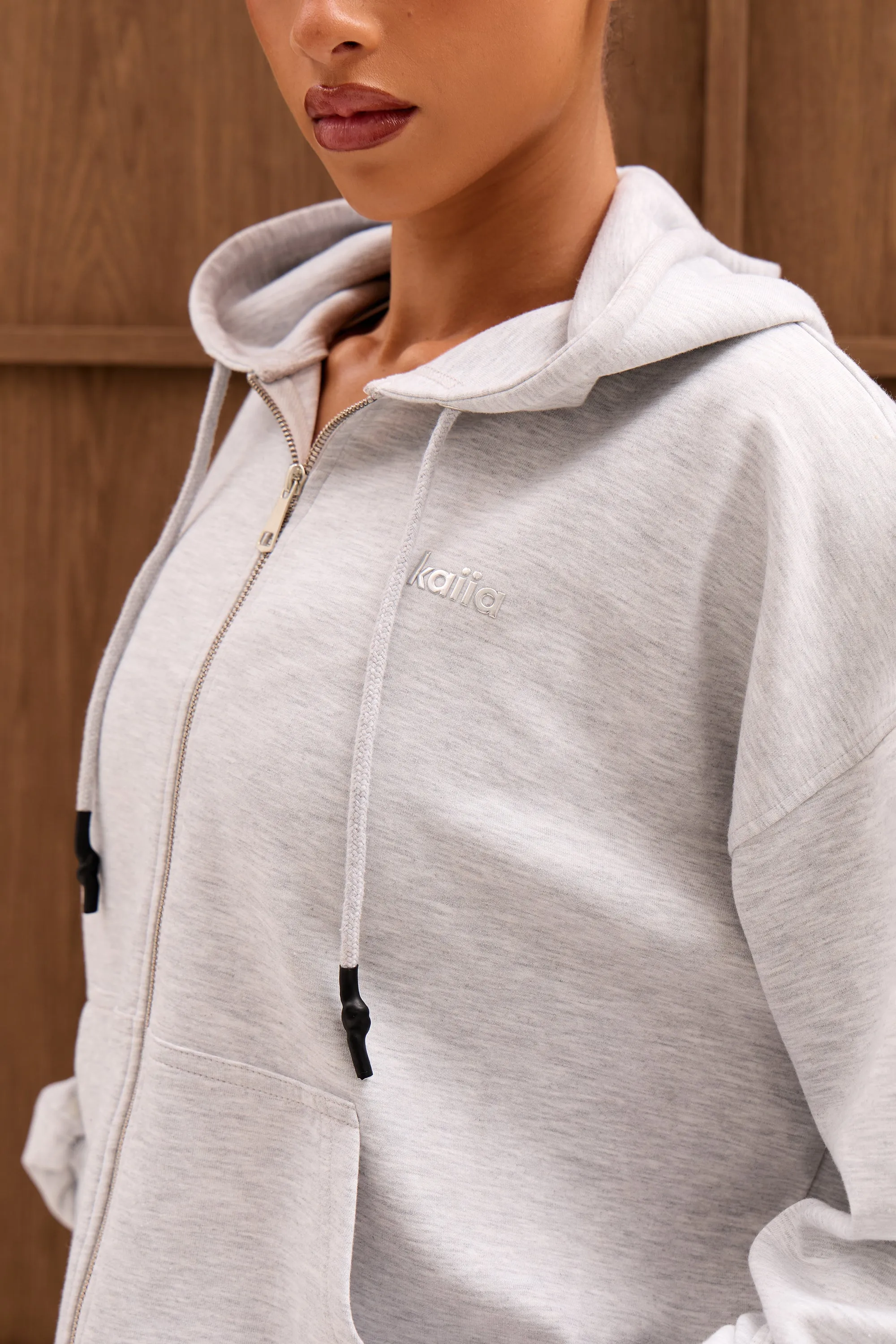 Kaiia Chrome Logo Premium Interlock Oversized Zip Through Hoodie Light Grey Marl sold by Kaiia the label product image thumbnail 5